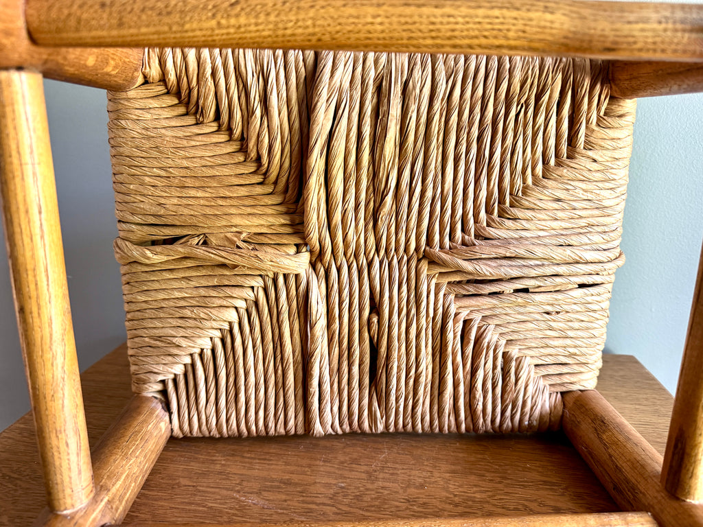 Vintage Turned Wood Rush Top Footstool ~ Jute and Wood Small Footstool ~ Shaker Style Foot Stool