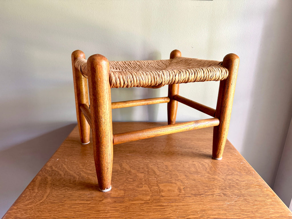 Vintage Turned Wood Rush Top Footstool ~ Jute and Wood Small Footstool ~ Shaker Style Foot Stool