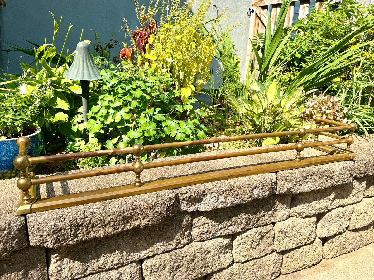 Edwardian 48" Twin Rail Cast Brass Fireplace Fender ~ Distressed Brass Double Rail and Ball Fireplace Fender