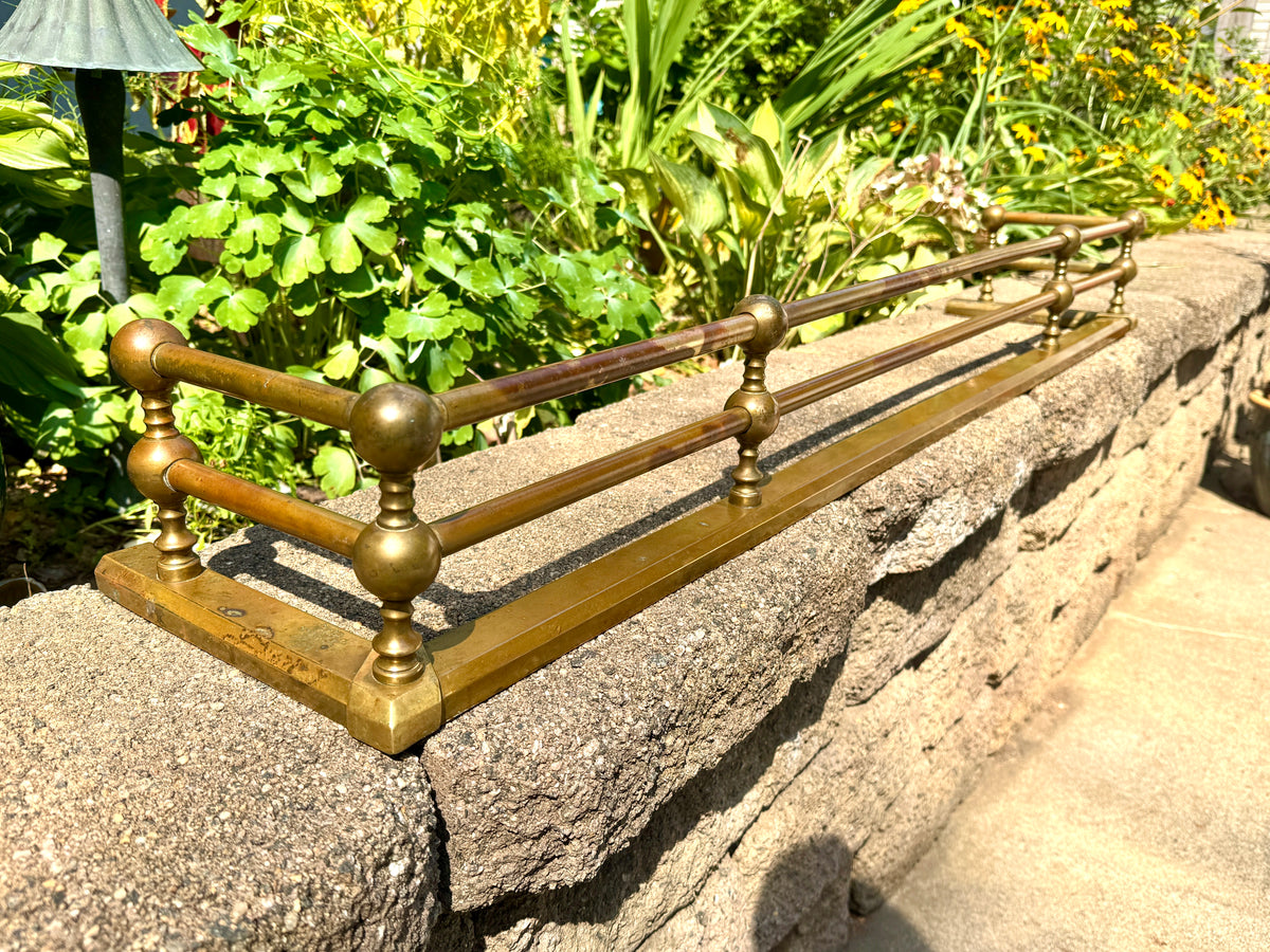 Edwardian 48" Twin Rail Cast Brass Fireplace Fender ~ Distressed Brass Double Rail and Ball Fireplace Fender