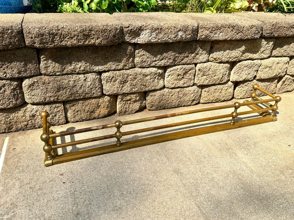 Edwardian 48" Twin Rail Cast Brass Fireplace Fender ~ Distressed Brass Double Rail and Ball Fireplace Fender