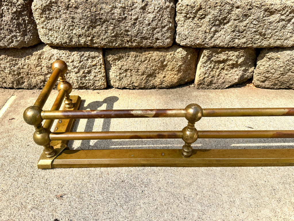 Edwardian 48" Twin Rail Cast Brass Fireplace Fender ~ Distressed Brass Double Rail and Ball Fireplace Fender