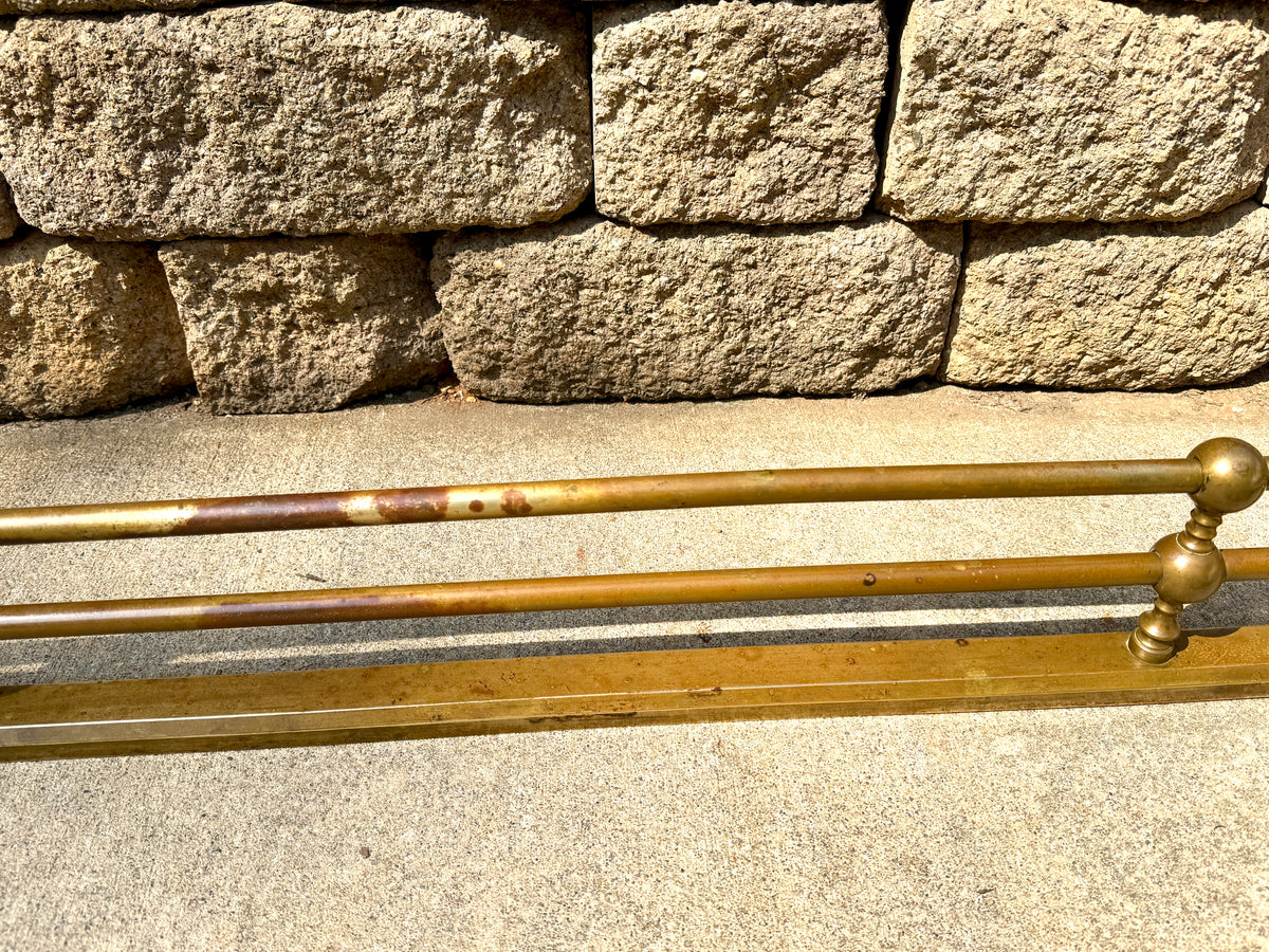 Edwardian 48" Twin Rail Cast Brass Fireplace Fender ~ Distressed Brass Double Rail and Ball Fireplace Fender