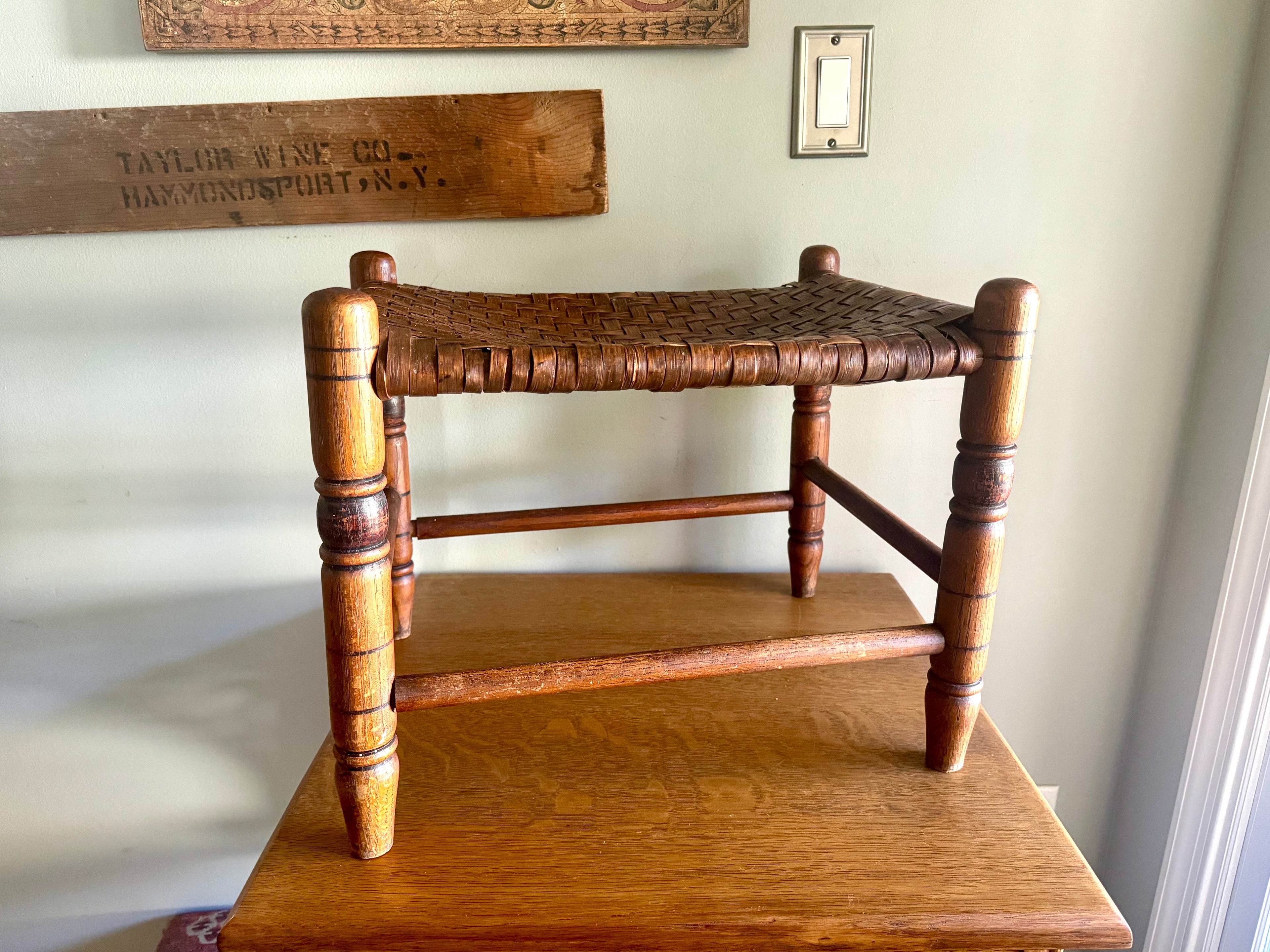 Antique Turned Wood Cane Top Foot Stool