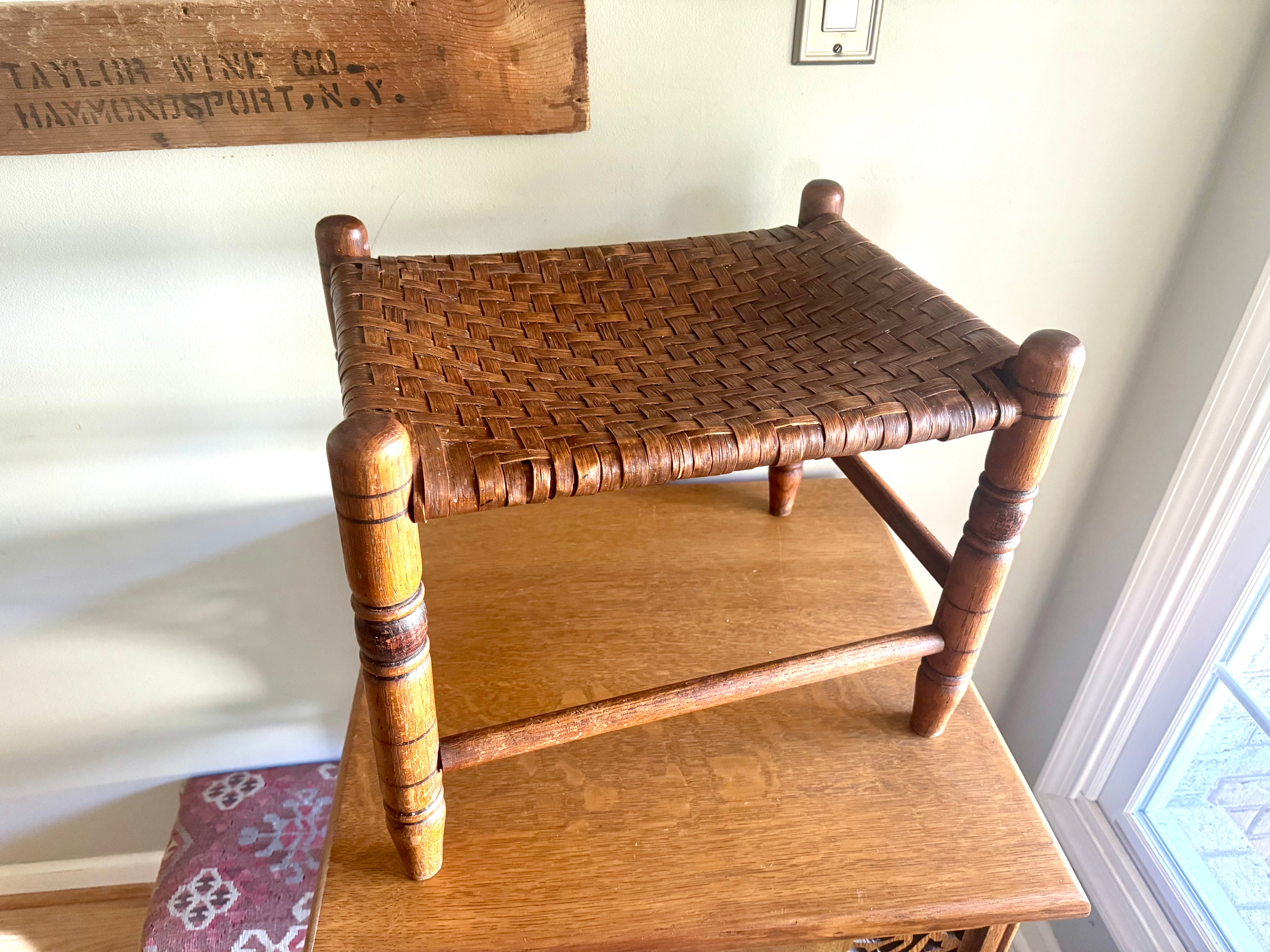 Antique Turned Wood Cane Top Foot Stool