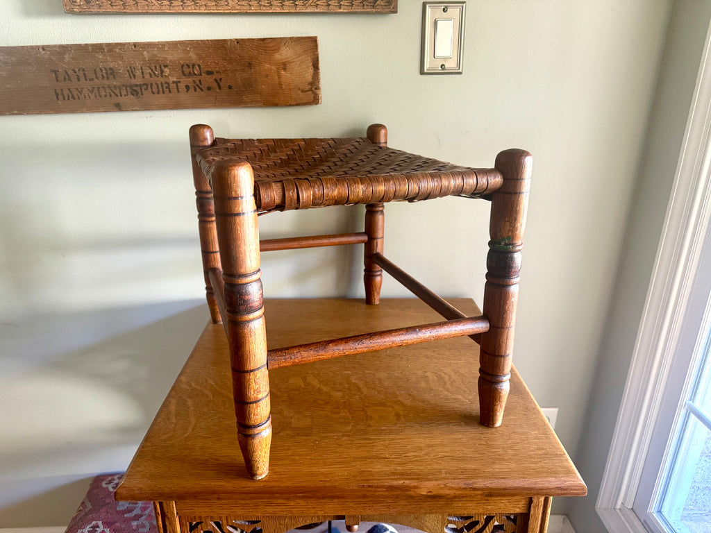 Antique Turned Wood Cane Top Foot Stool