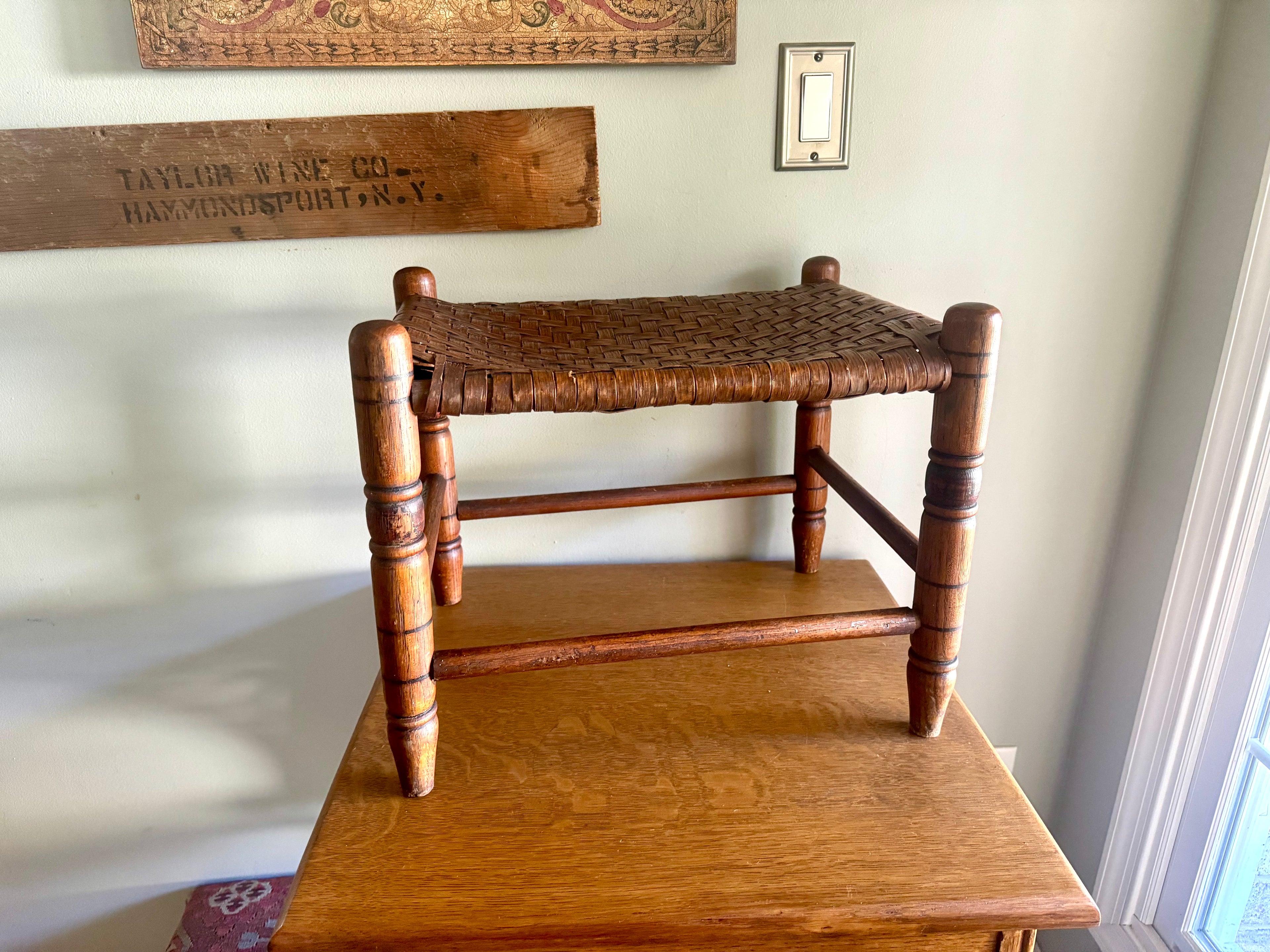 Antique Turned Wood Cane Top Foot Stool