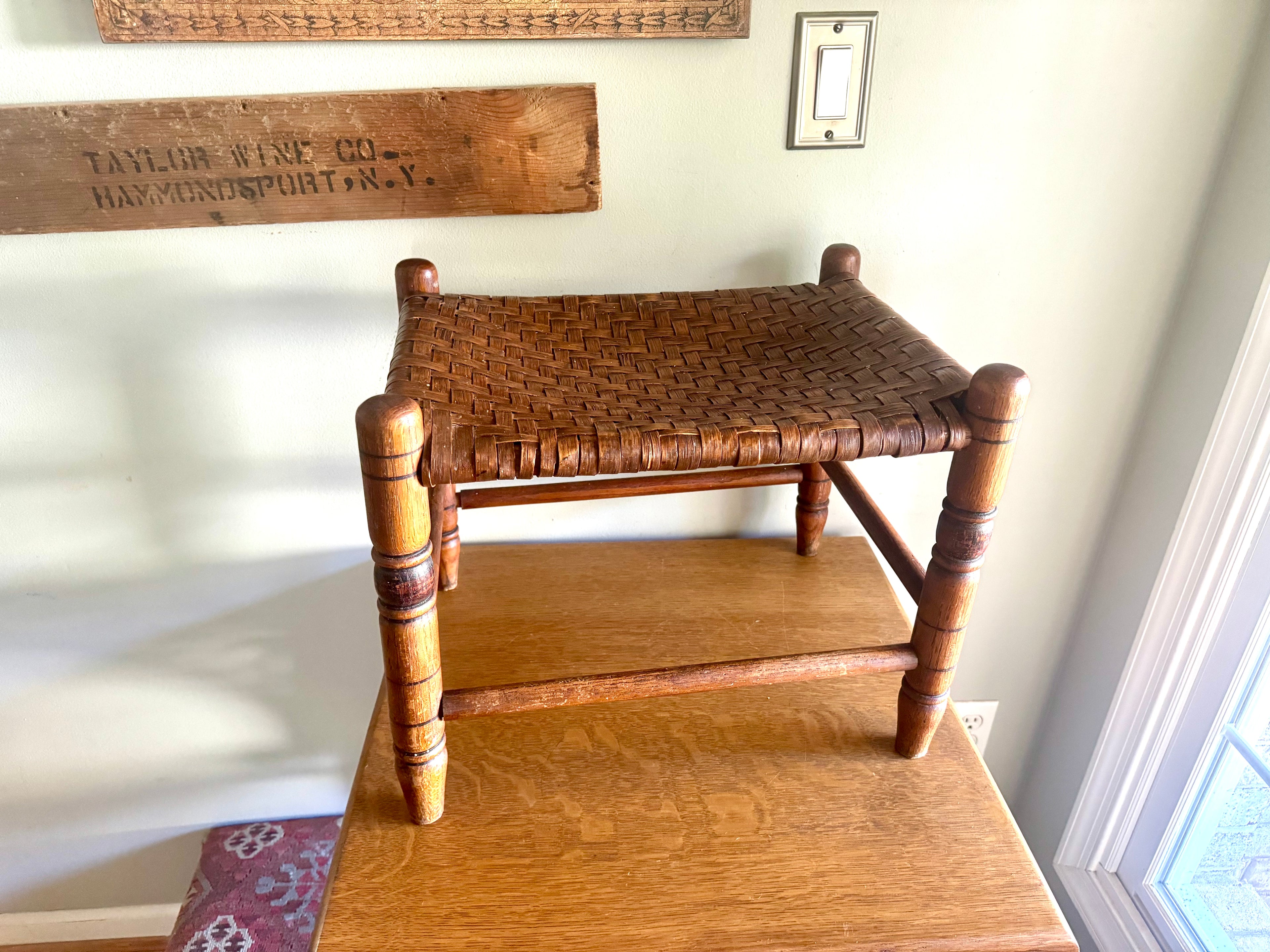 Antique Turned Wood Cane Top Foot Stool