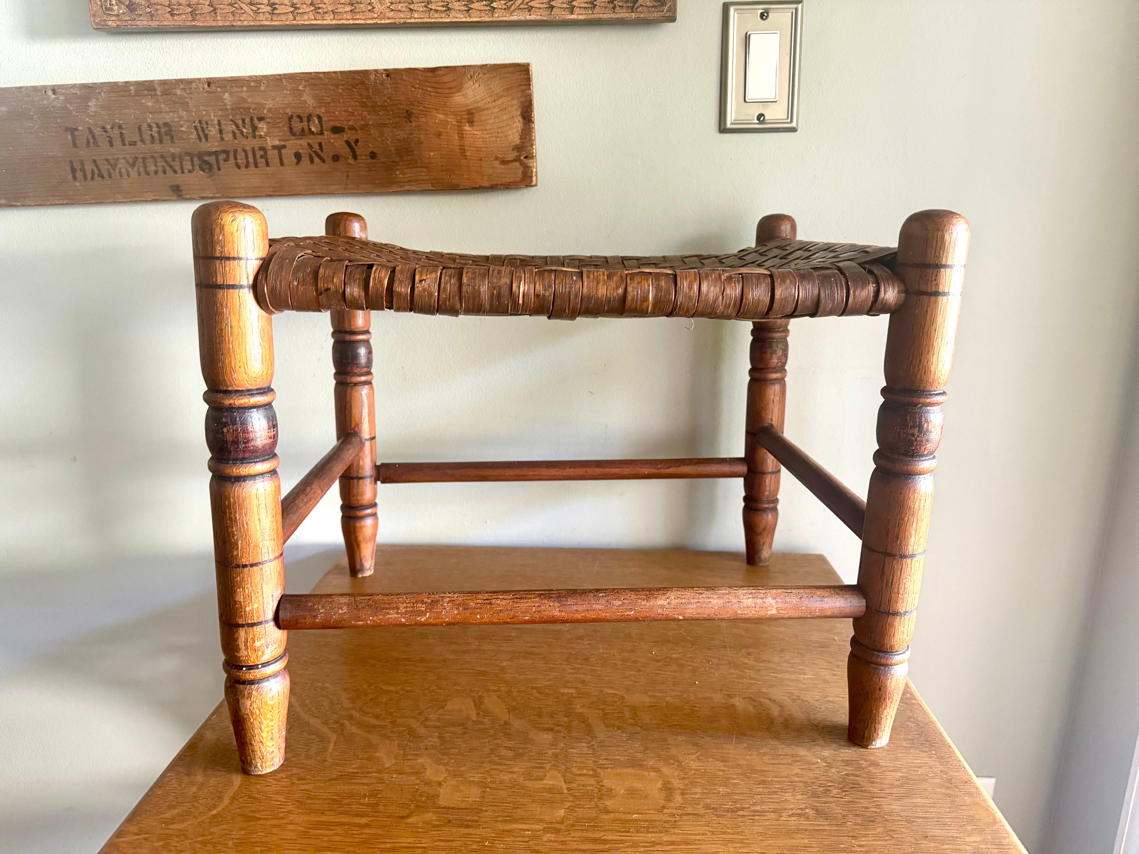 Antique Turned Wood Cane Top Foot Stool