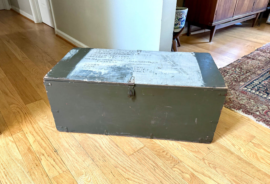 50's Freeman Store Equipment Co. Stenciled Military Footlocker | Green and White Stenciled Military Storage Trunk