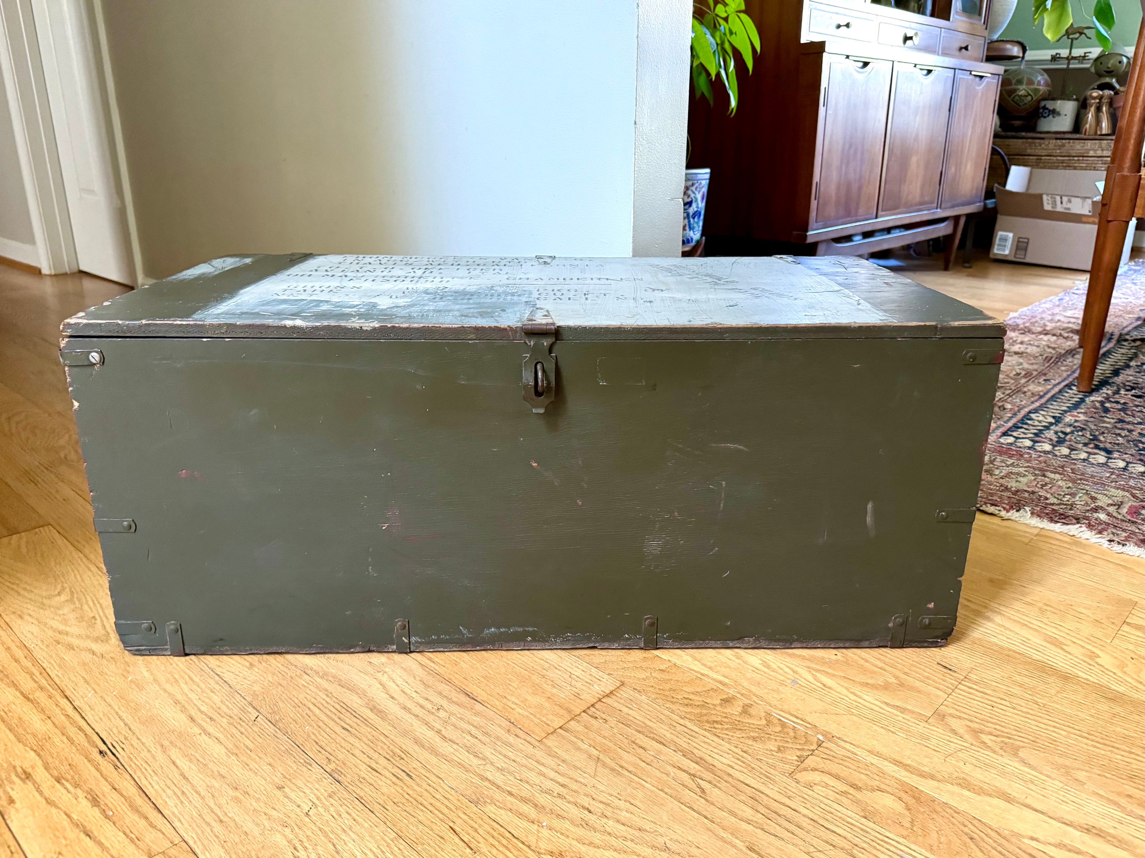 50's Freeman Store Equipment Co. Stenciled Military Footlocker | Green and White Stenciled Military Storage Trunk