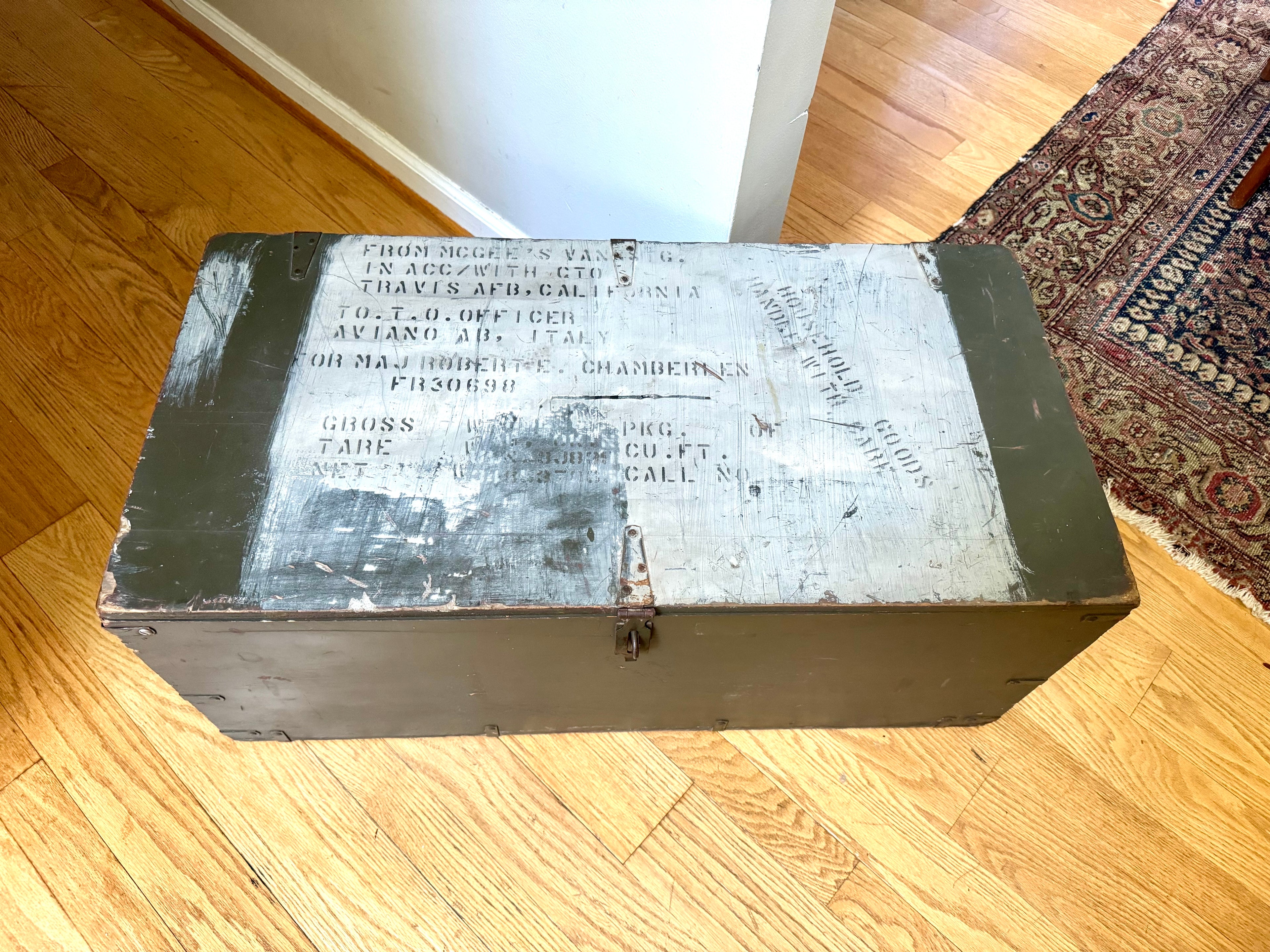 50's Freeman Store Equipment Co. Stenciled Military Footlocker | Green and White Stenciled Military Storage Trunk