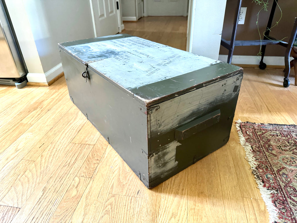50's Freeman Store Equipment Co. Stenciled Military Footlocker | Green and White Stenciled Military Storage Trunk