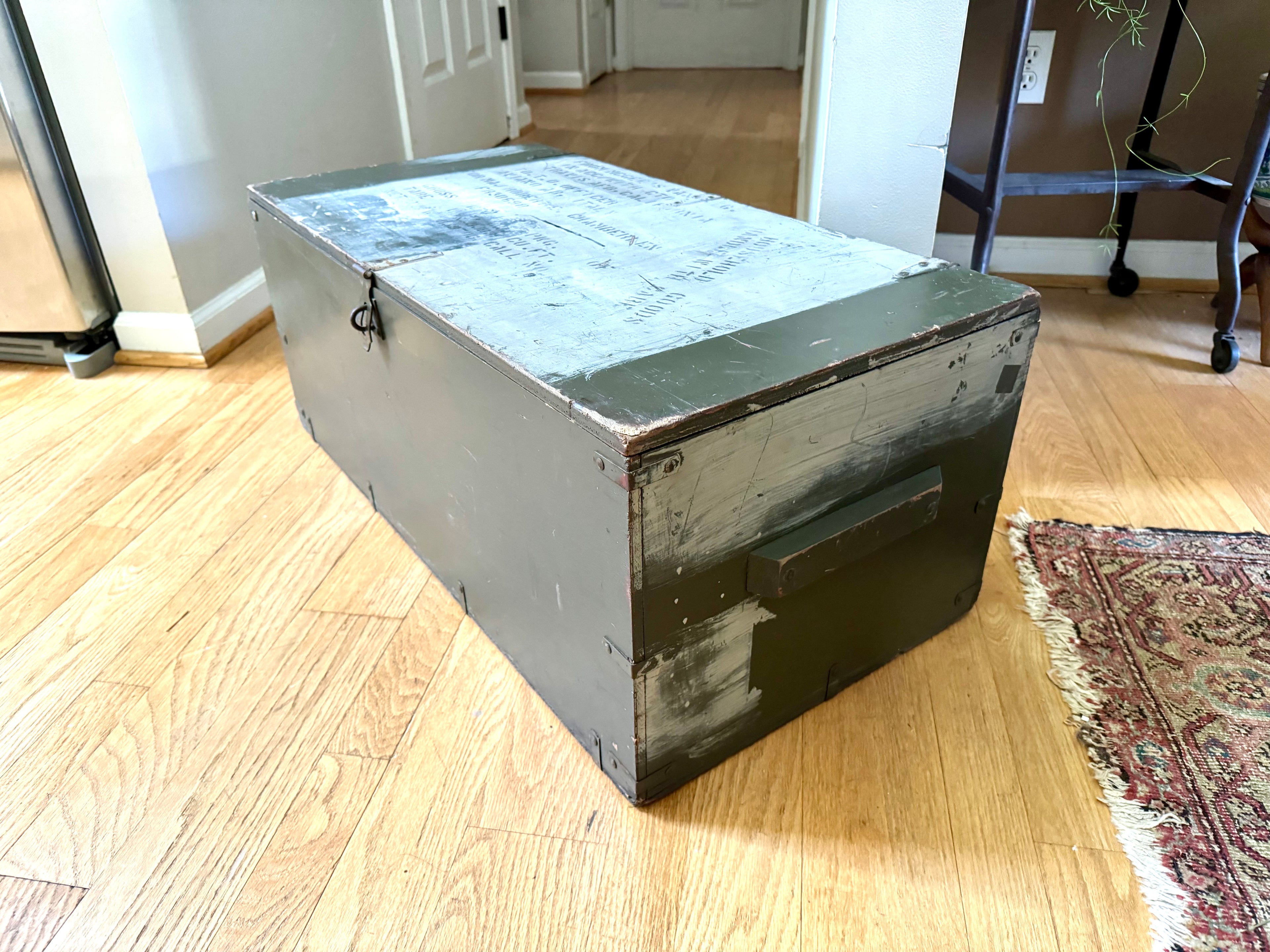 50's Freeman Store Equipment Co. Stenciled Military Footlocker | Green and White Stenciled Military Storage Trunk