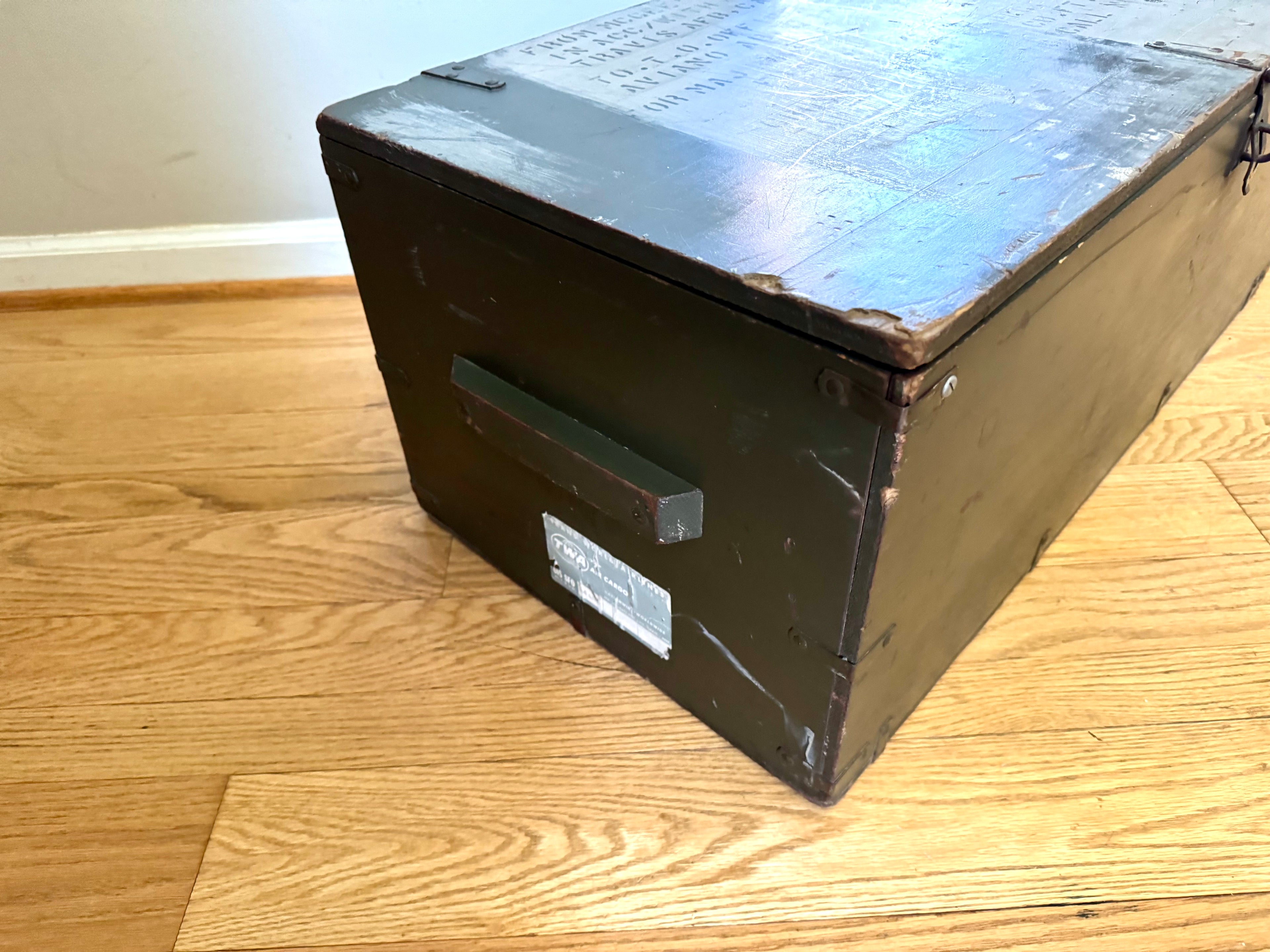50's Freeman Store Equipment Co. Stenciled Military Footlocker | Green and White Stenciled Military Storage Trunk