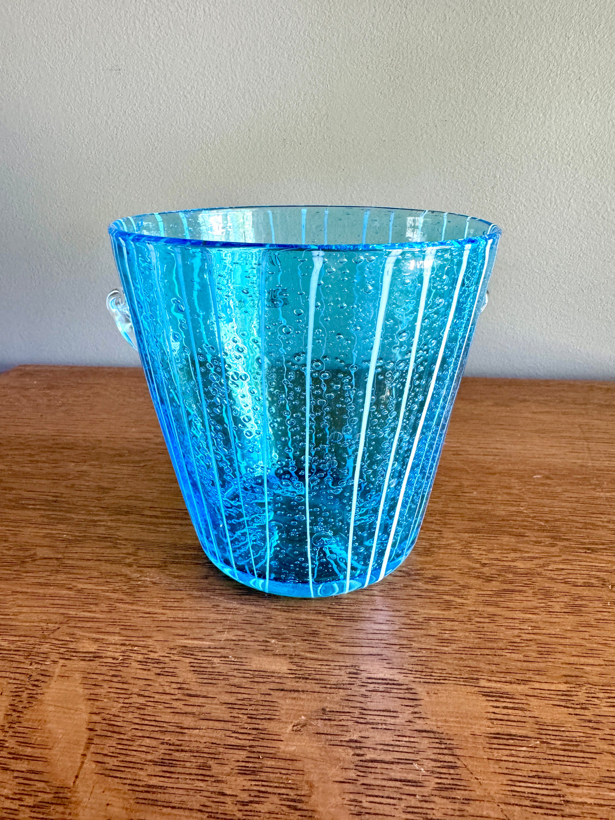 Vintage Blown Art Glass Ice Bucket Attributed to Venini for Disaronno Murano ~ Blue Glass Striped Ice Bucket