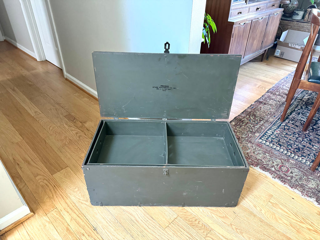 50's Freeman Store Equipment Co. Stenciled Military Footlocker | Green and White Stenciled Military Storage Trunk