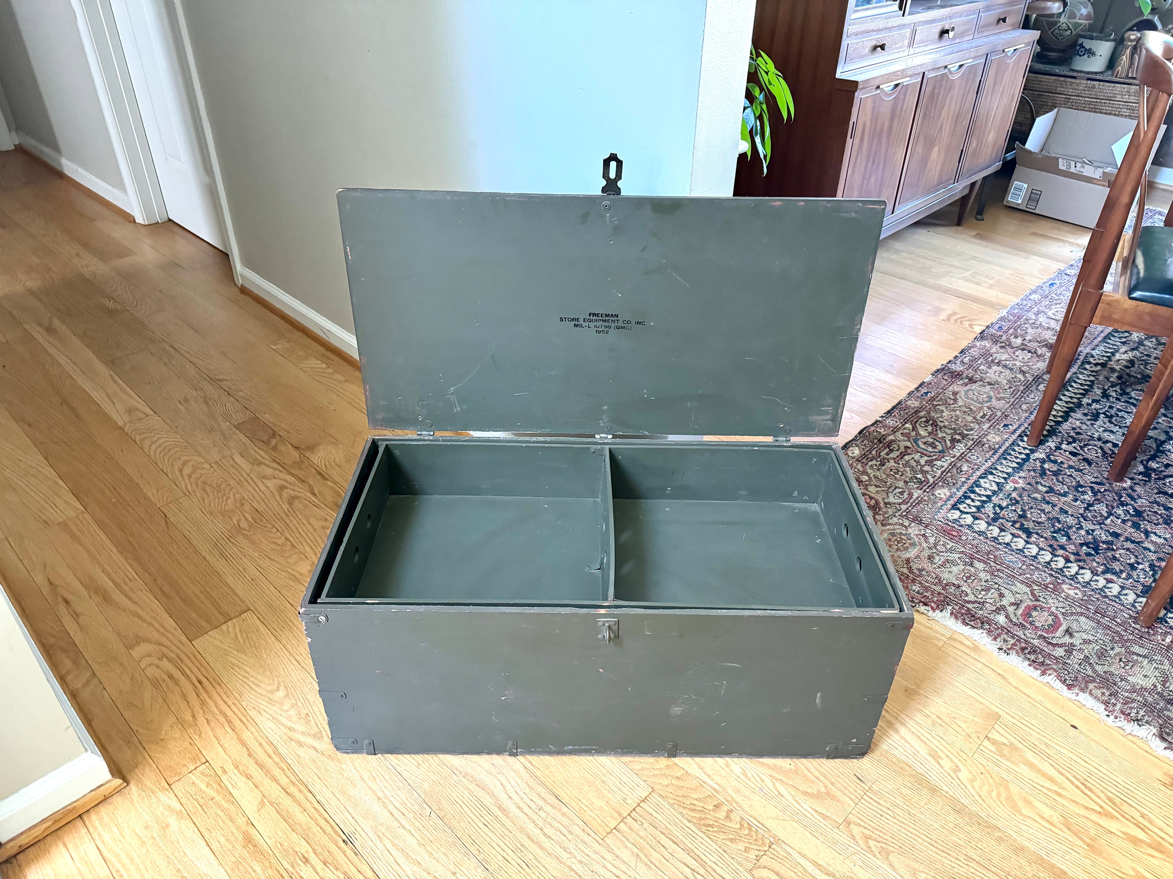 50's Freeman Store Equipment Co. Stenciled Military Footlocker | Green and White Stenciled Military Storage Trunk