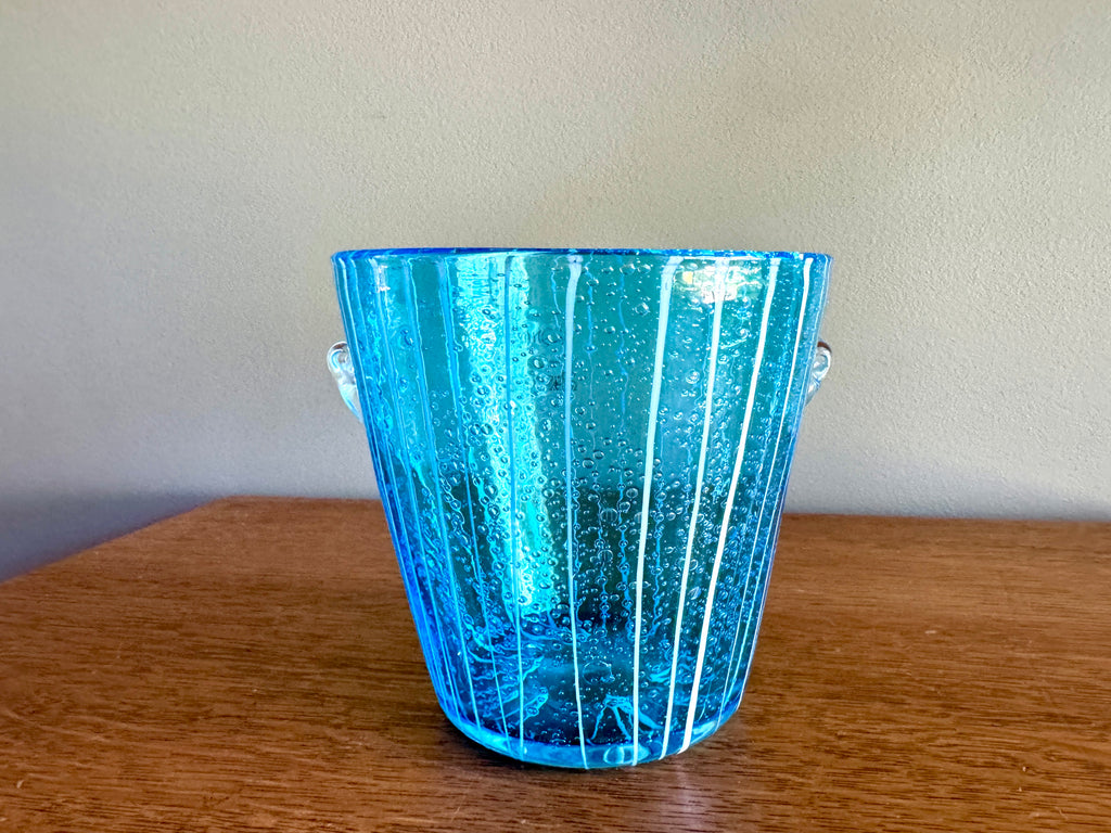 Vintage Blown Art Glass Ice Bucket Attributed to Venini for Disaronno Murano ~ Blue Glass Striped Ice Bucket