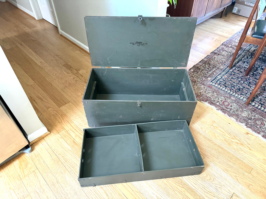 50's Freeman Store Equipment Co. Stenciled Military Footlocker | Green and White Stenciled Military Storage Trunk