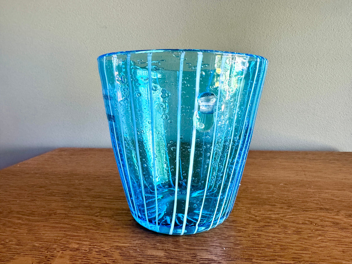 Vintage Blown Art Glass Ice Bucket Attributed to Venini for Disaronno Murano ~ Blue Glass Striped Ice Bucket