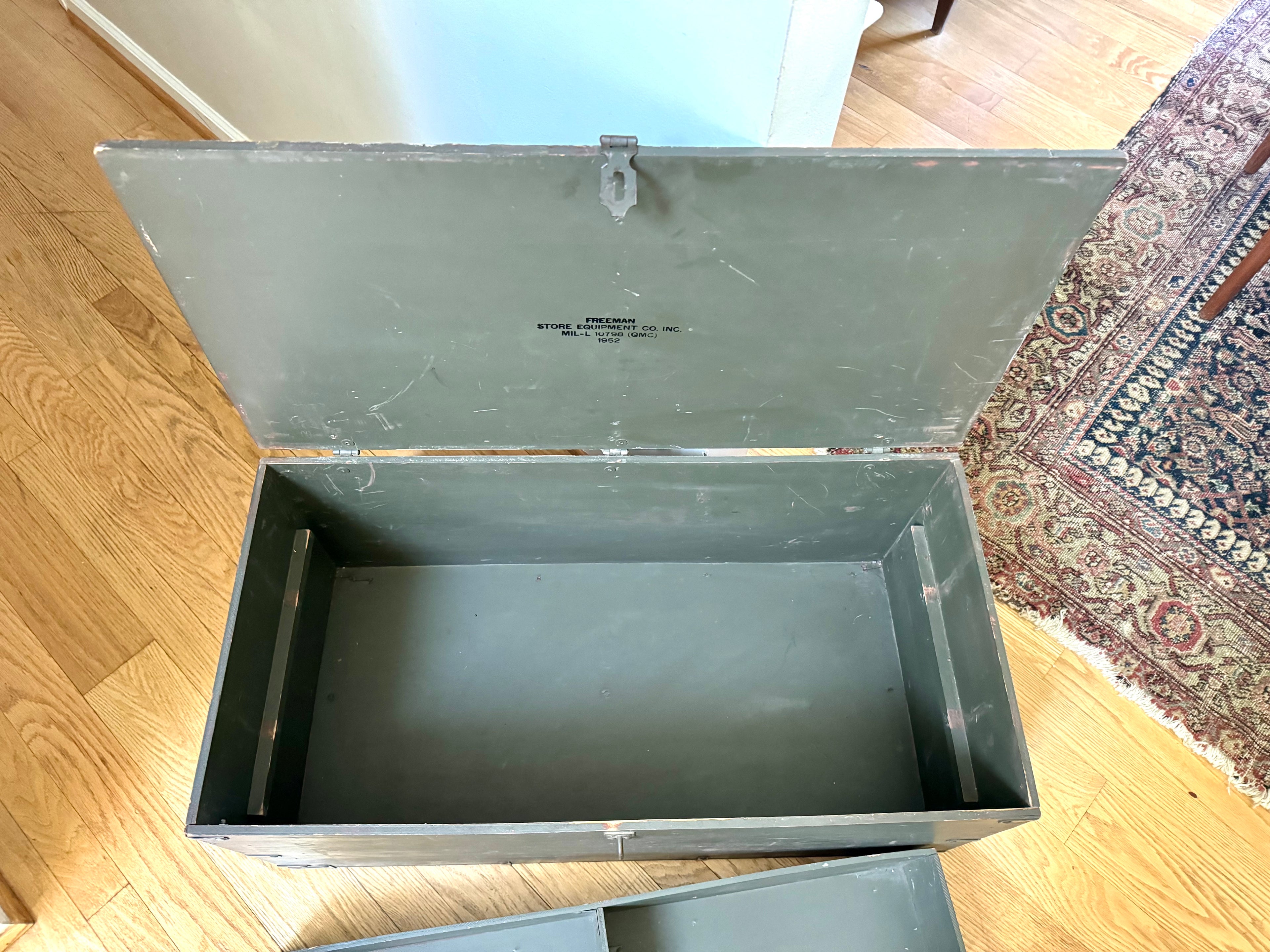 50's Freeman Store Equipment Co. Stenciled Military Footlocker | Green and White Stenciled Military Storage Trunk