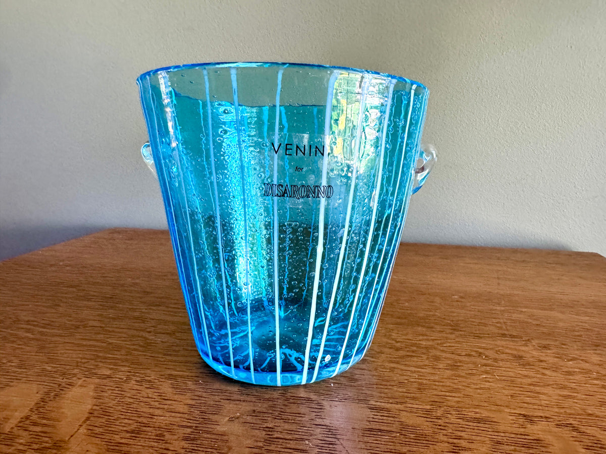 Vintage Blown Art Glass Ice Bucket Attributed to Venini for Disaronno Murano ~ Blue Glass Striped Ice Bucket