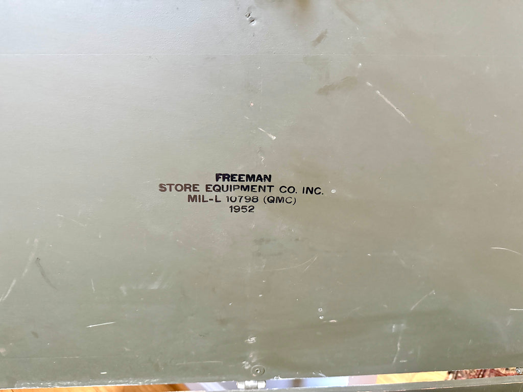 50's Freeman Store Equipment Co. Stenciled Military Footlocker | Green and White Stenciled Military Storage Trunk