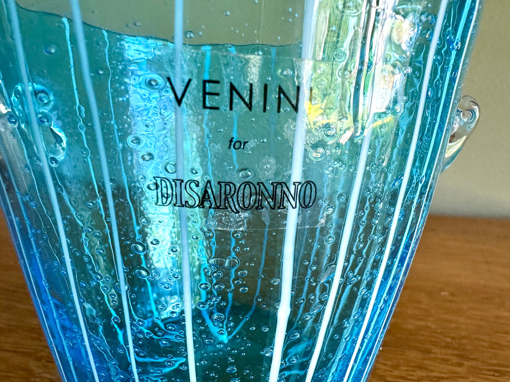 Vintage Blown Art Glass Ice Bucket Attributed to Venini for Disaronno Murano ~ Blue Glass Striped Ice Bucket
