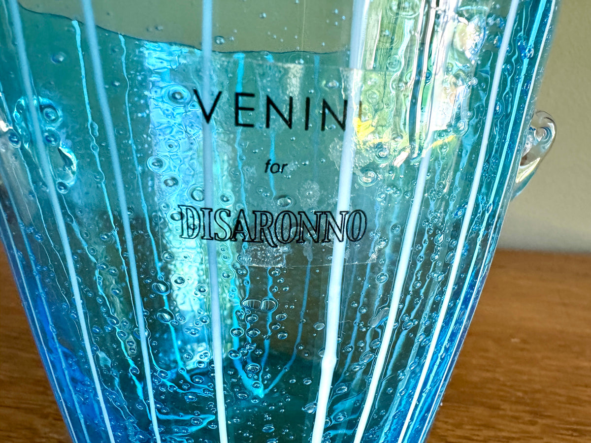Vintage Blown Art Glass Ice Bucket Attributed to Venini for Disaronno Murano ~ Blue Glass Striped Ice Bucket