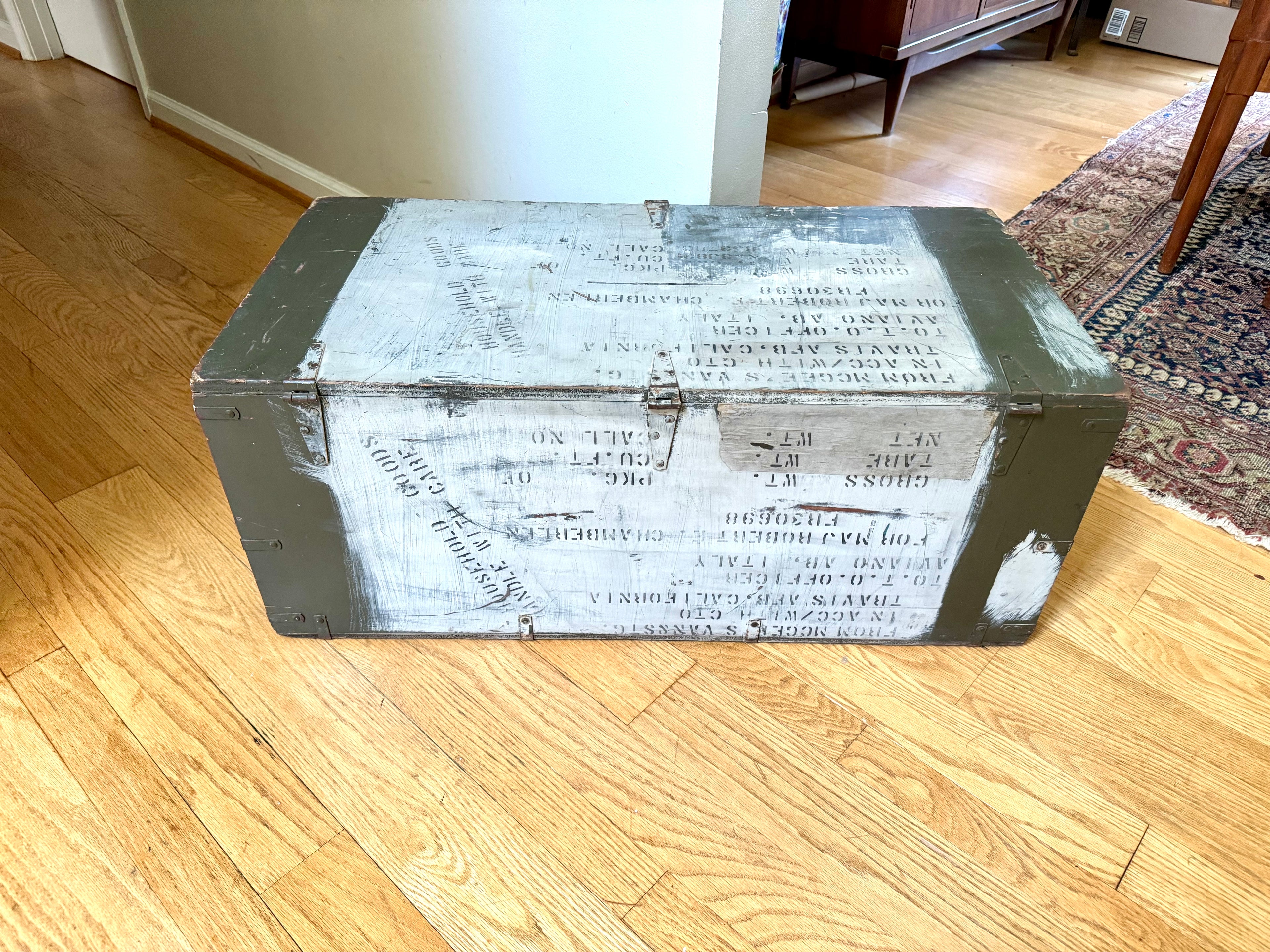 50's Freeman Store Equipment Co. Stenciled Military Footlocker | Green and White Stenciled Military Storage Trunk