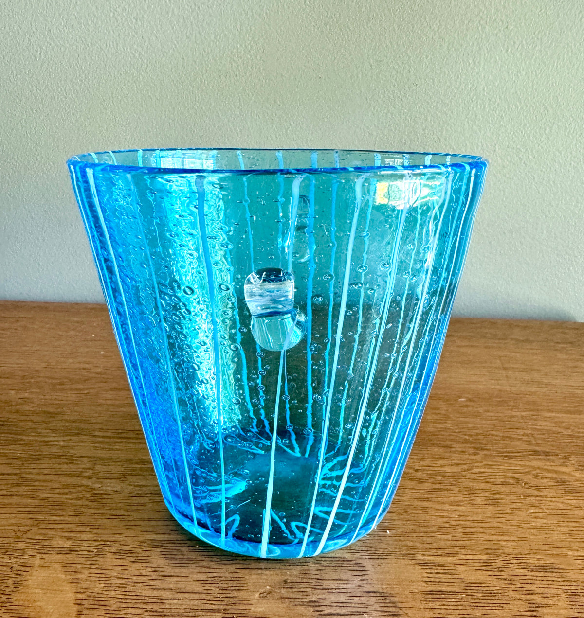 Vintage Blown Art Glass Ice Bucket Attributed to Venini for Disaronno Murano ~ Blue Glass Striped Ice Bucket
