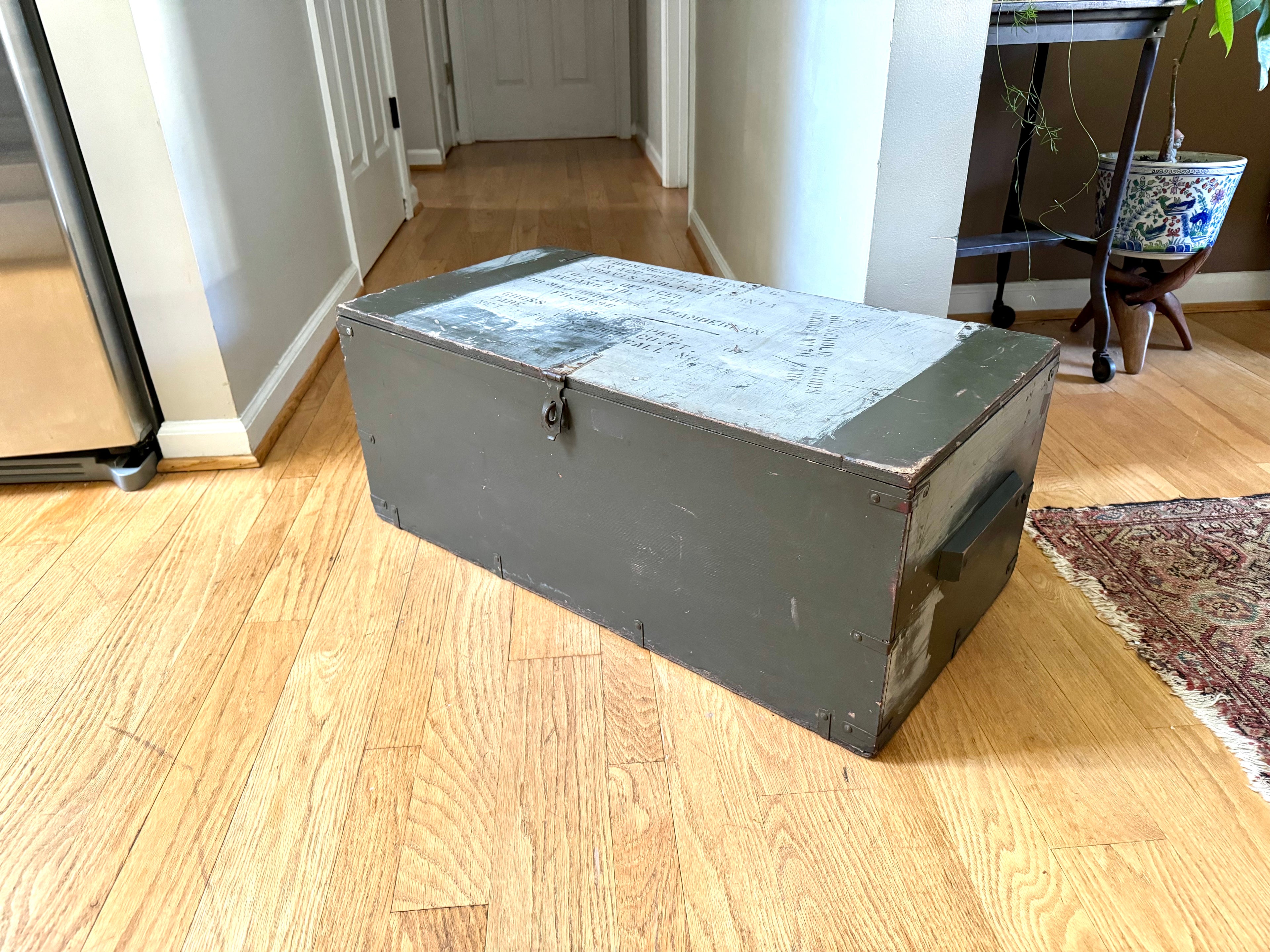 50's Freeman Store Equipment Co. Stenciled Military Footlocker | Green and White Stenciled Military Storage Trunk