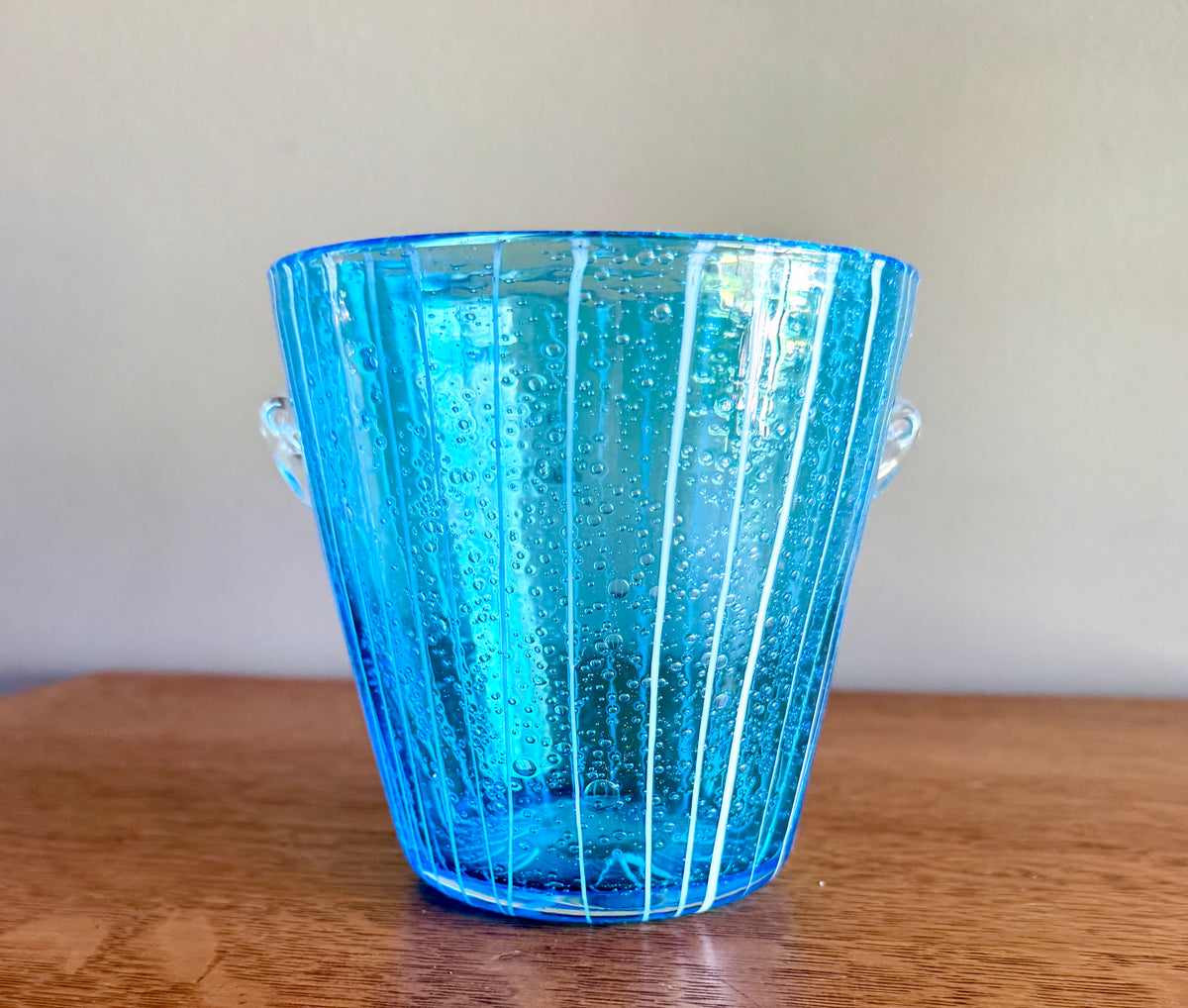 Vintage Blown Art Glass Ice Bucket Attributed to Venini for Disaronno Murano ~ Blue Glass Striped Ice Bucket
