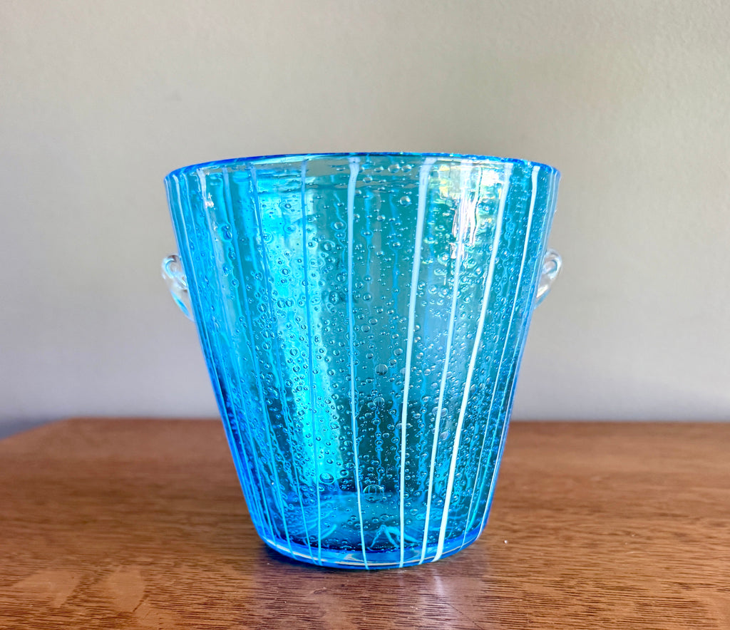 Vintage Blown Art Glass Ice Bucket Attributed to Venini for Disaronno Murano ~ Blue Glass Striped Ice Bucket