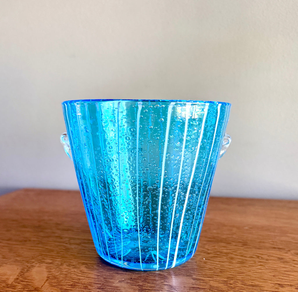 Vintage Blown Art Glass Ice Bucket Attributed to Venini for Disaronno Murano ~ Blue Glass Striped Ice Bucket