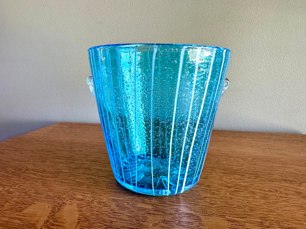 Vintage Blown Art Glass Ice Bucket Attributed to Venini for Disaronno Murano ~ Blue Glass Striped Ice Bucket