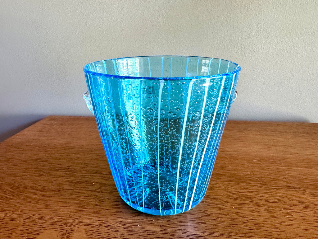 Vintage Blown Art Glass Ice Bucket Attributed to Venini for Disaronno Murano ~ Blue Glass Striped Ice Bucket