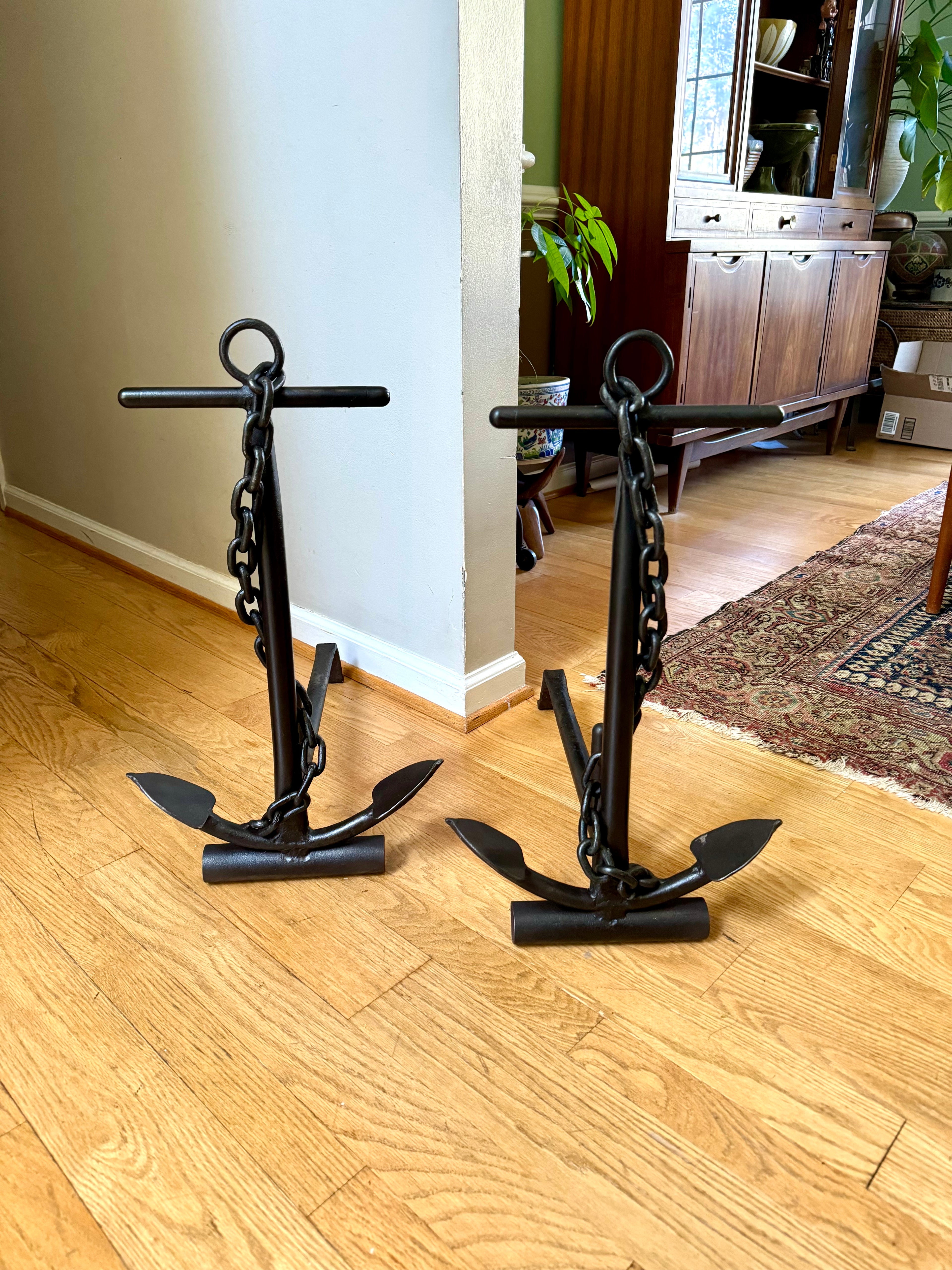 Vintage Cast Iron Nautical Themed Anchor Andirons