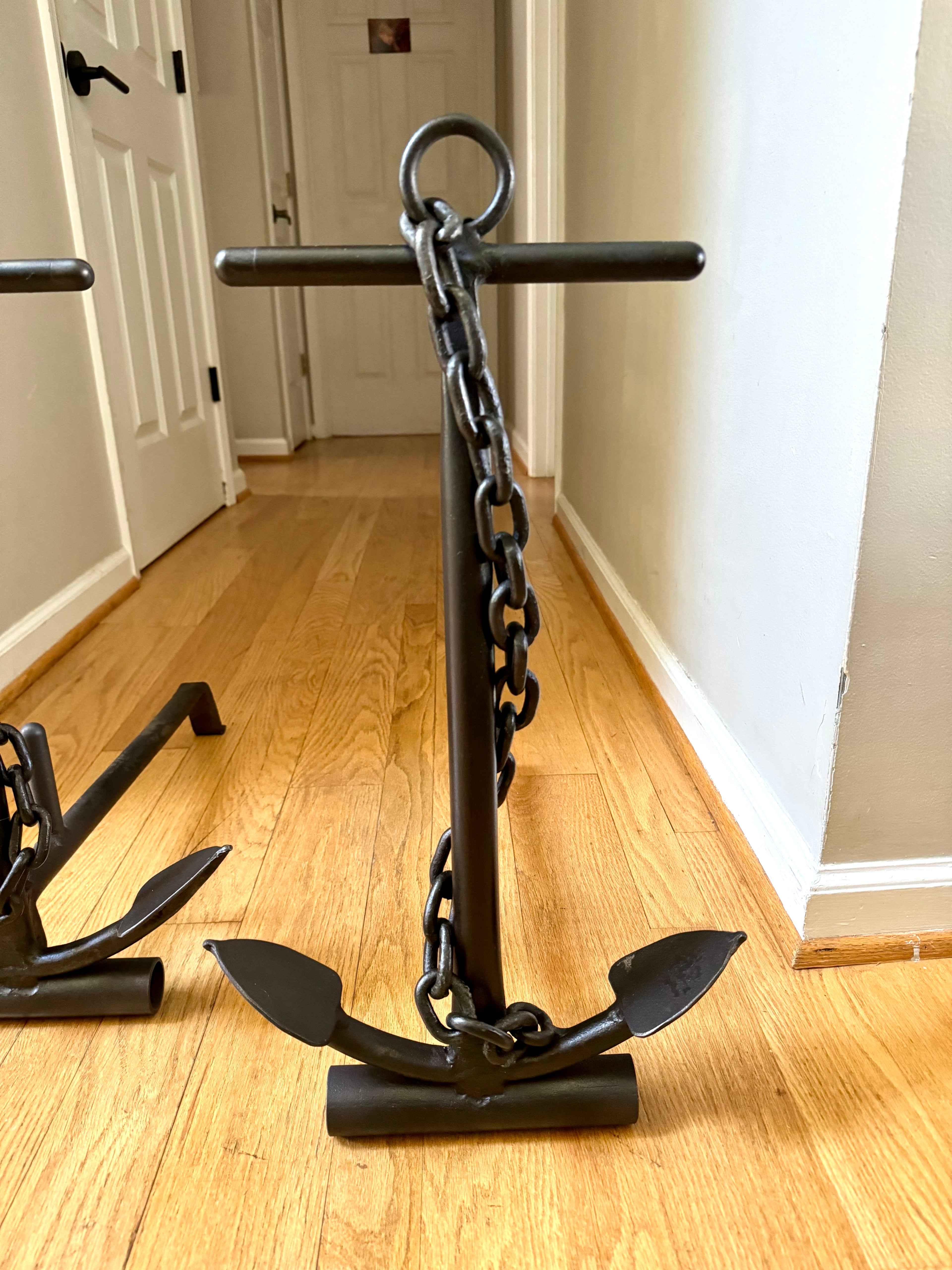 Vintage Cast Iron Nautical Themed Anchor Andirons