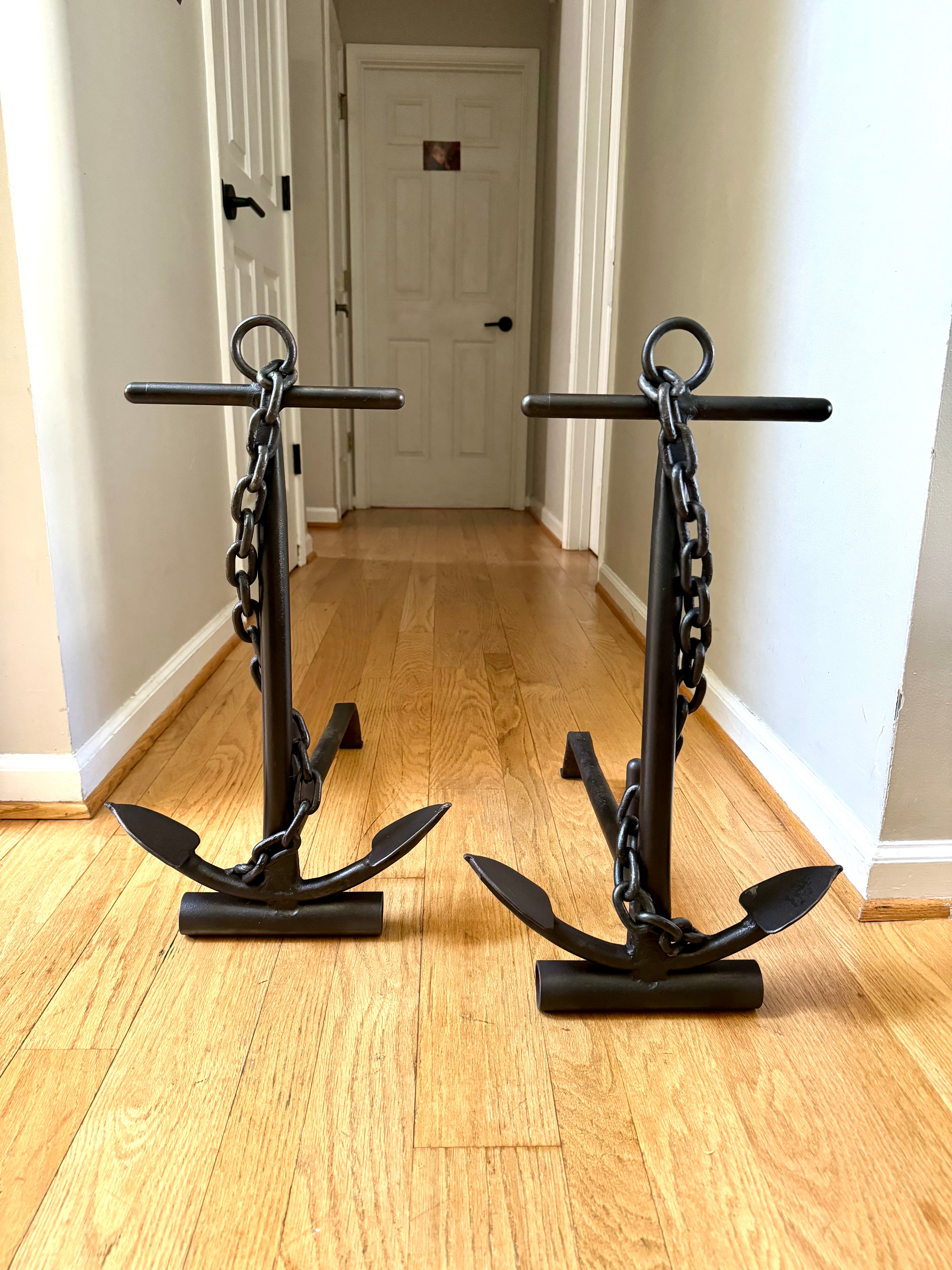 Vintage Cast Iron Nautical Themed Anchor Andirons