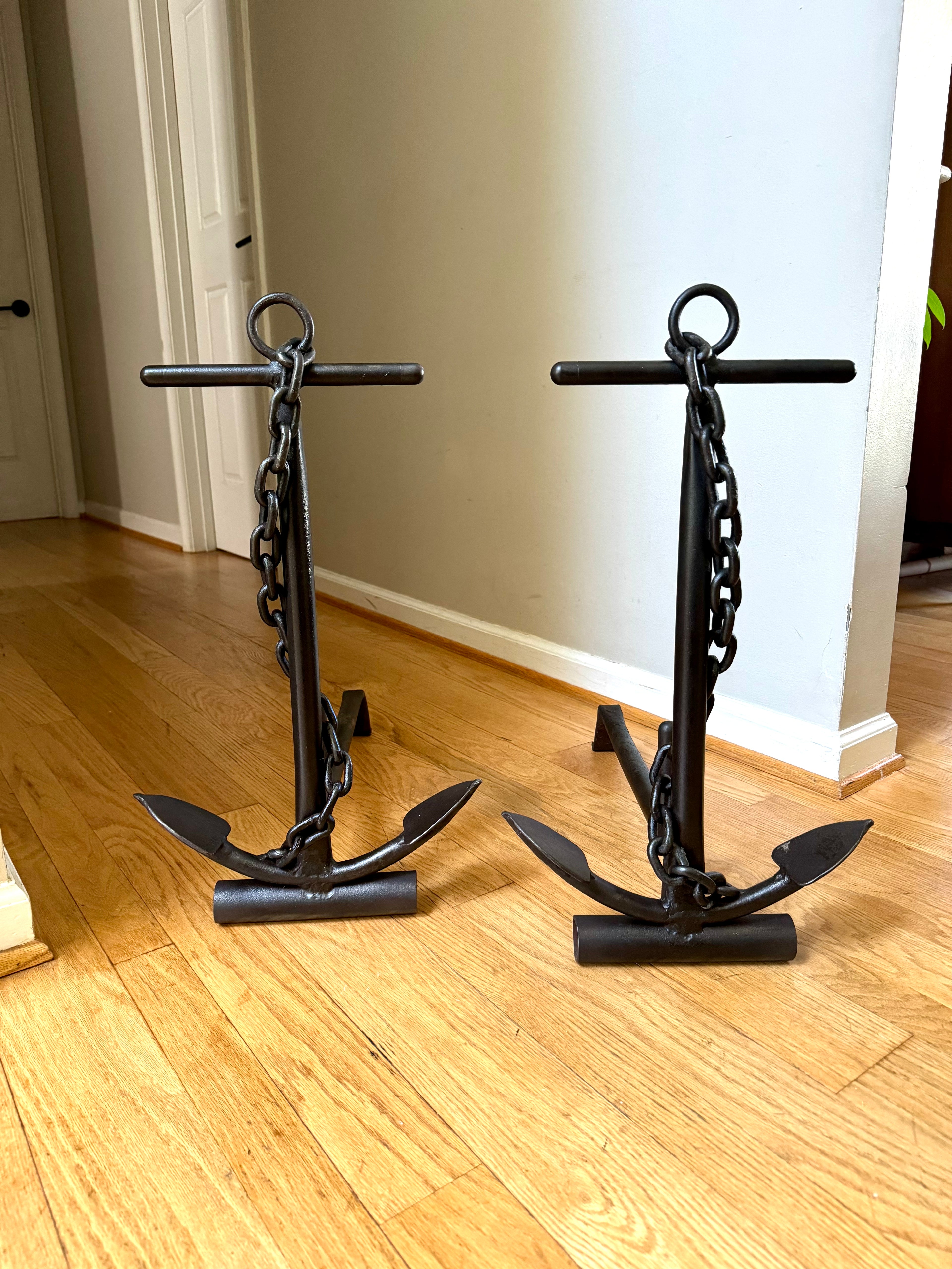 Vintage Cast Iron Nautical Themed Anchor Andirons