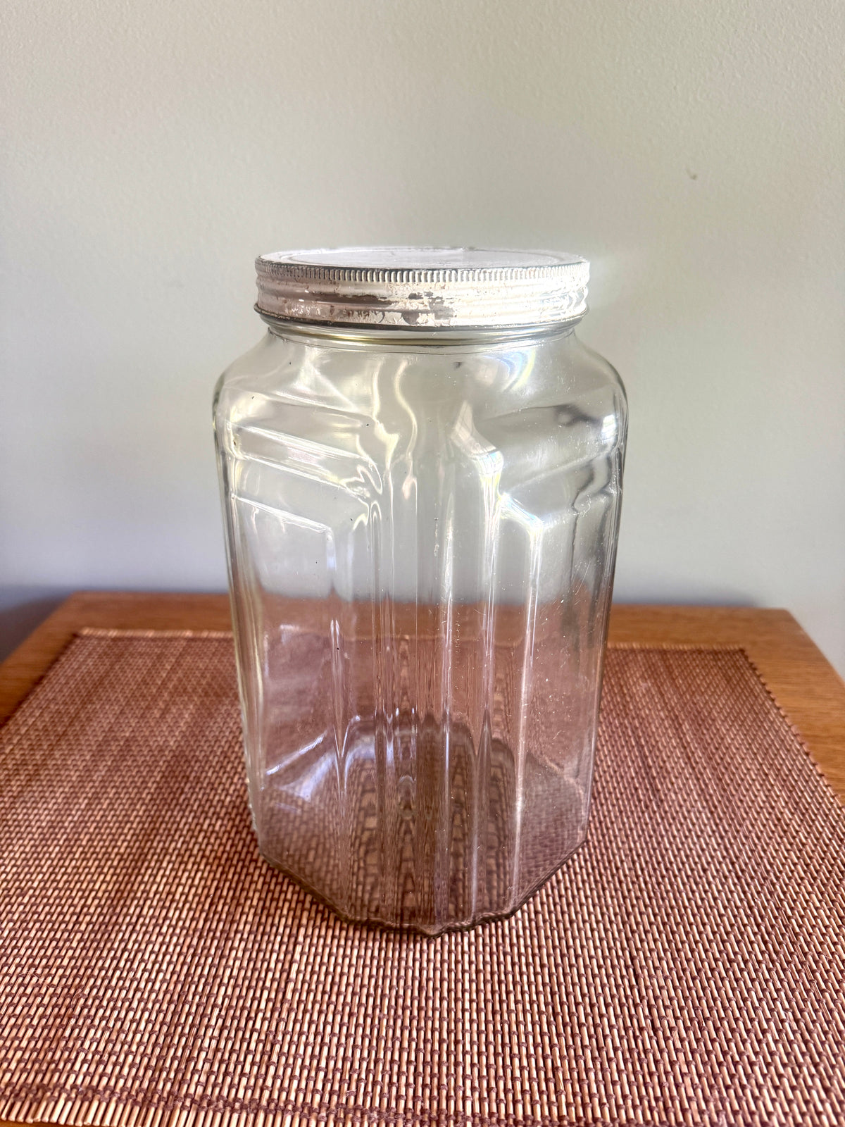1930’s Necco Glass Candy Jar with Metal Lid ~ Antique Large Art Deco Country Store Glass Candy Jar with Lid