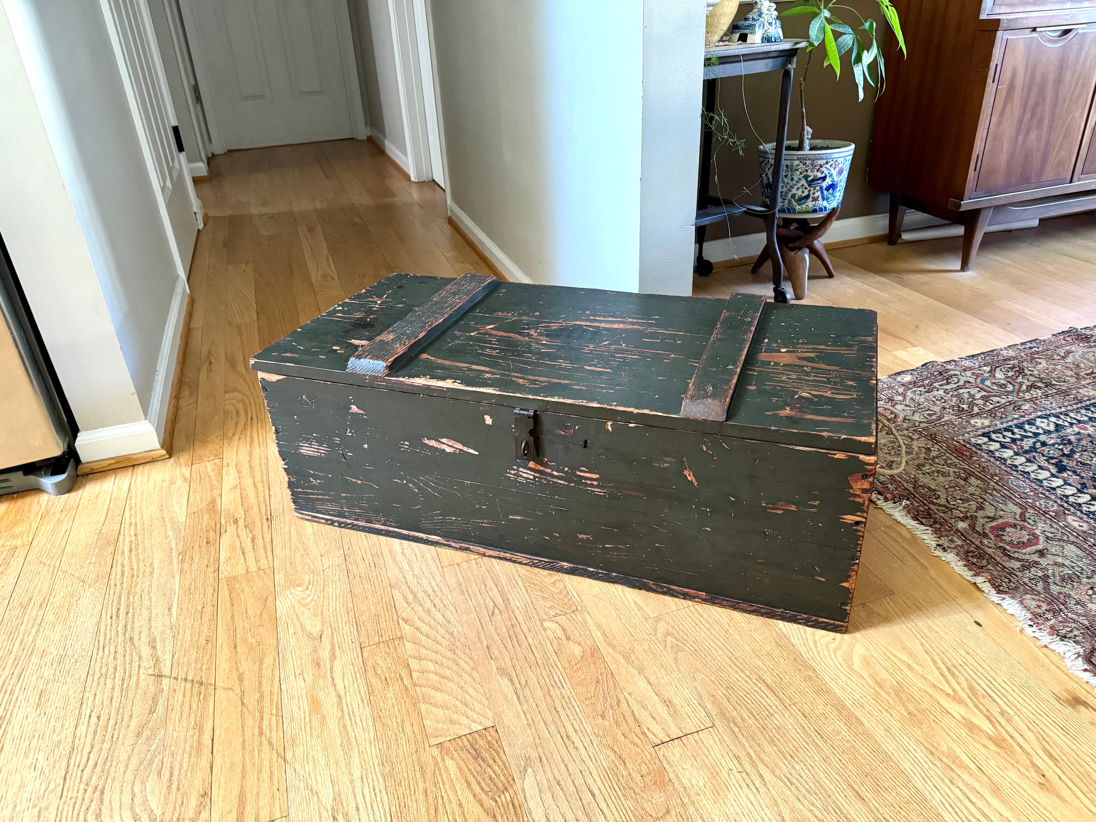 Vintage Wooden Military Footlocker / Rustic Green Storage Trunk
