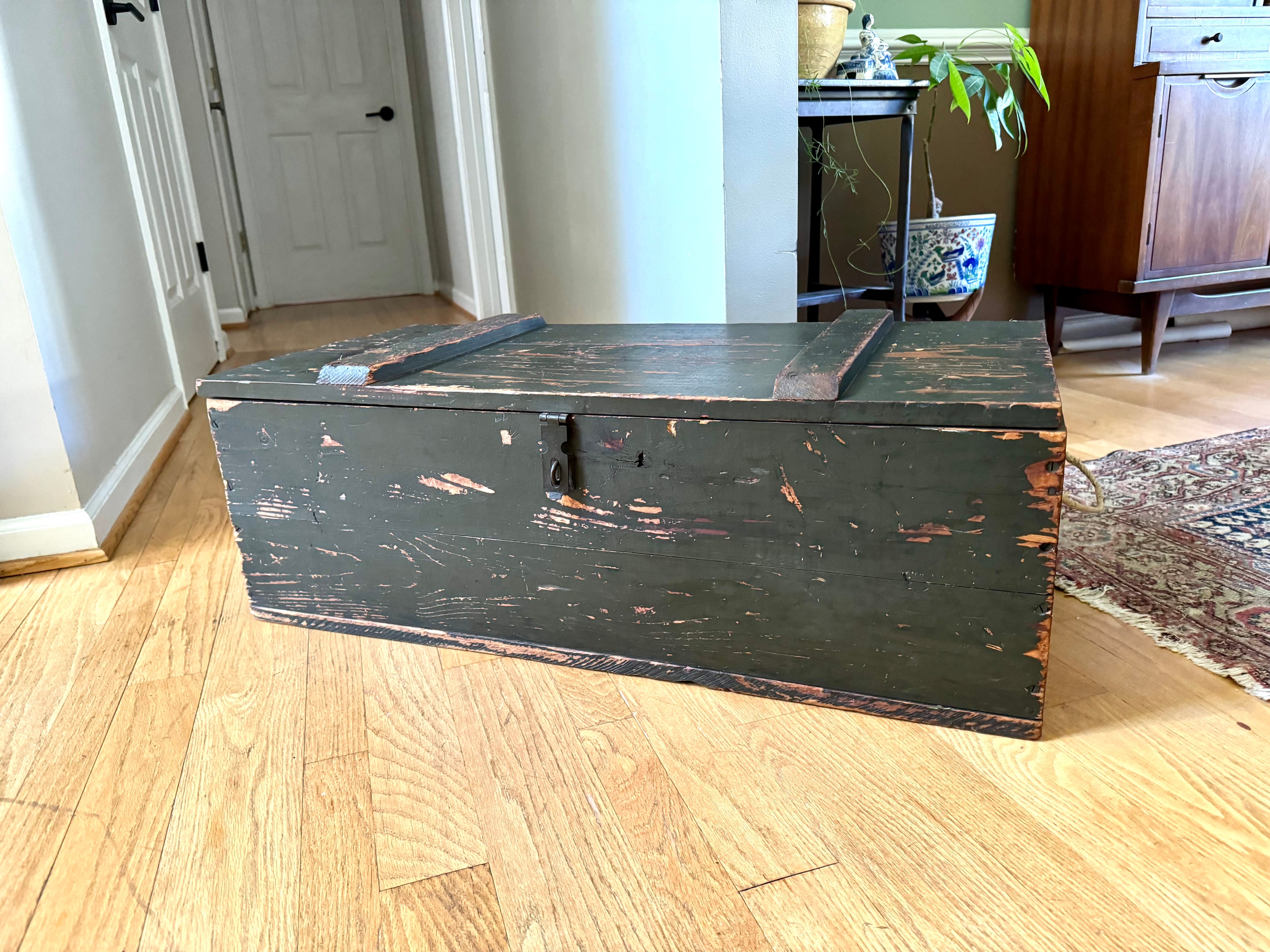 Vintage Wooden Military Footlocker / Rustic Green Storage Trunk
