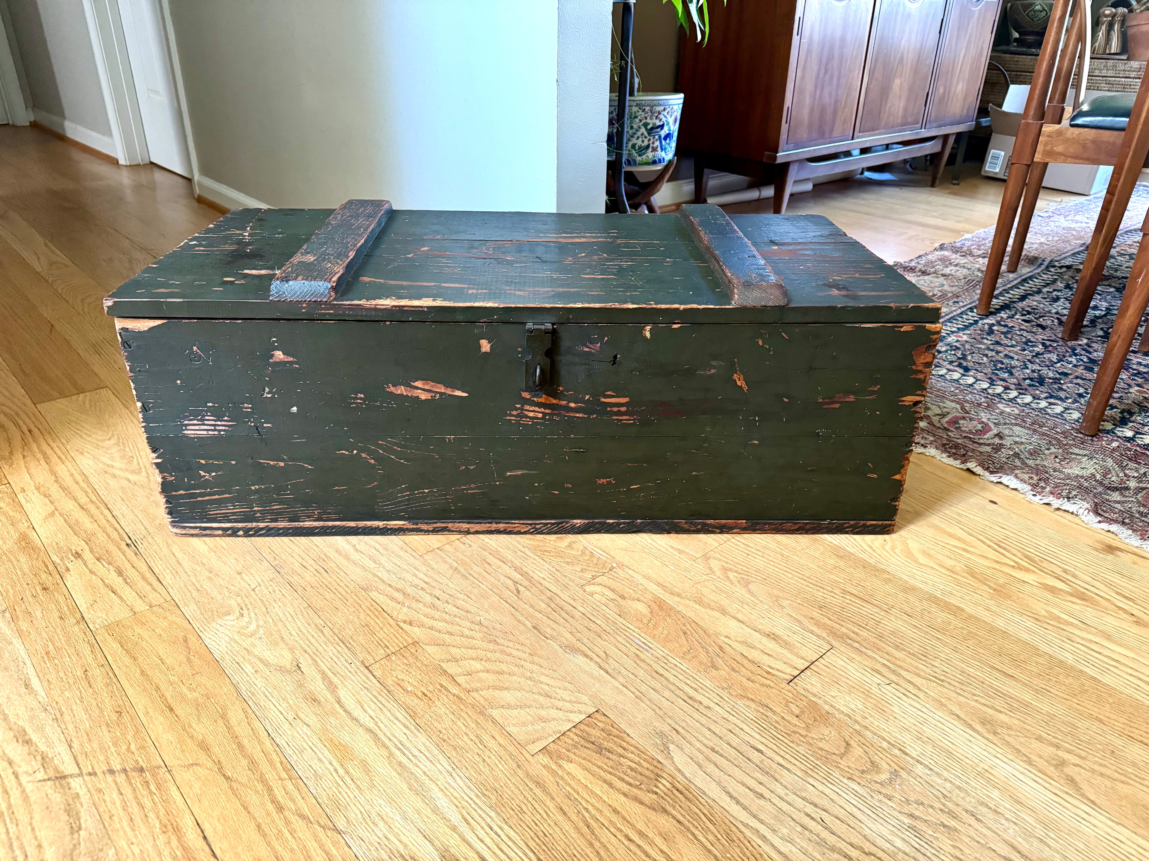 Vintage Wooden Military Footlocker / Rustic Green Storage Trunk
