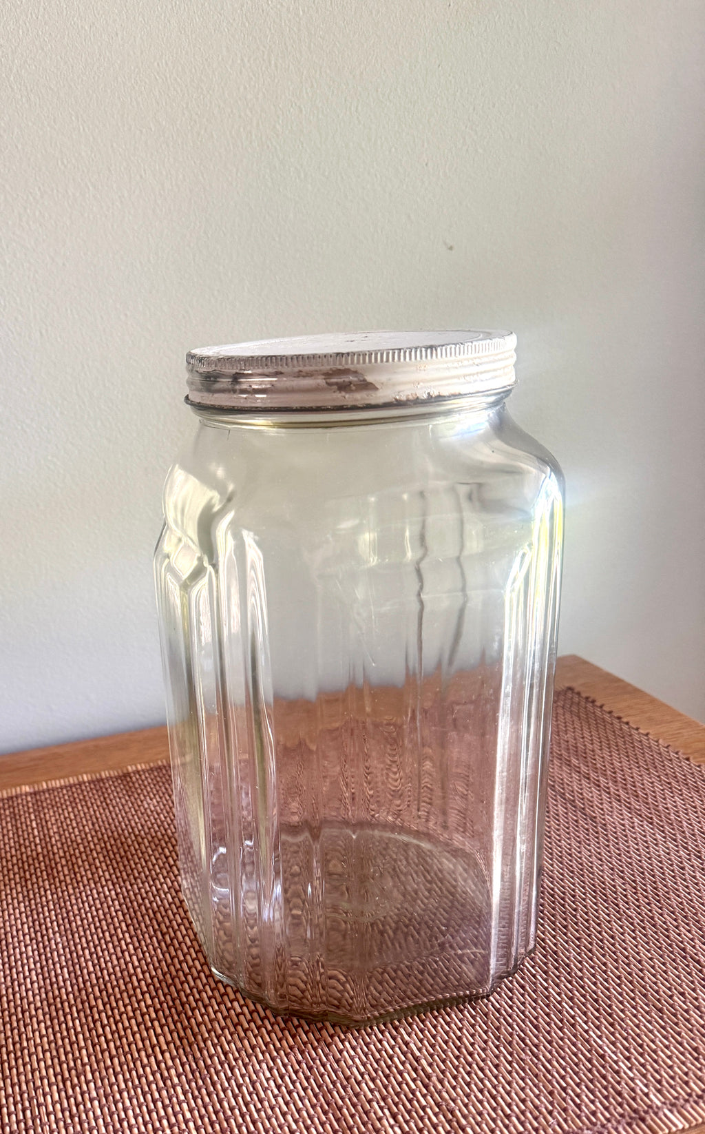 1930’s Necco Glass Candy Jar with Metal Lid ~ Antique Large Art Deco Country Store Glass Candy Jar with Lid