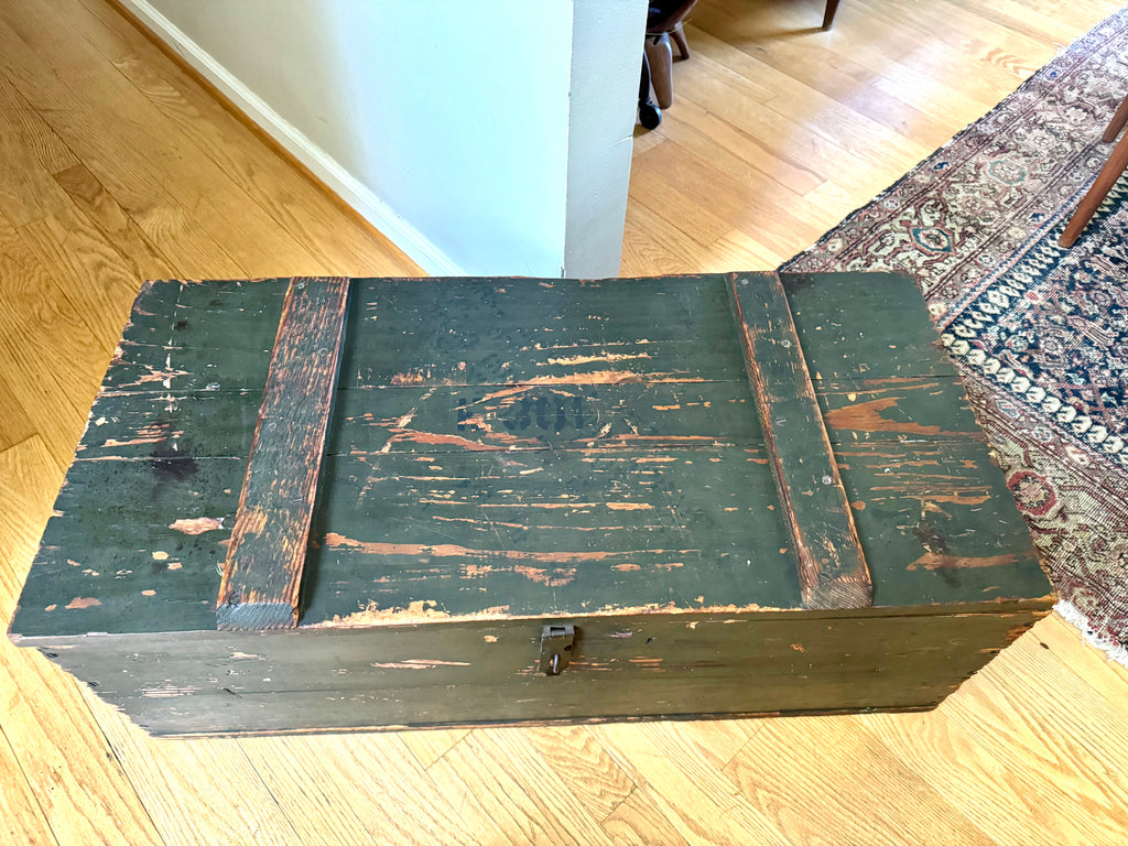 Vintage Wooden Military Footlocker / Rustic Green Storage Trunk