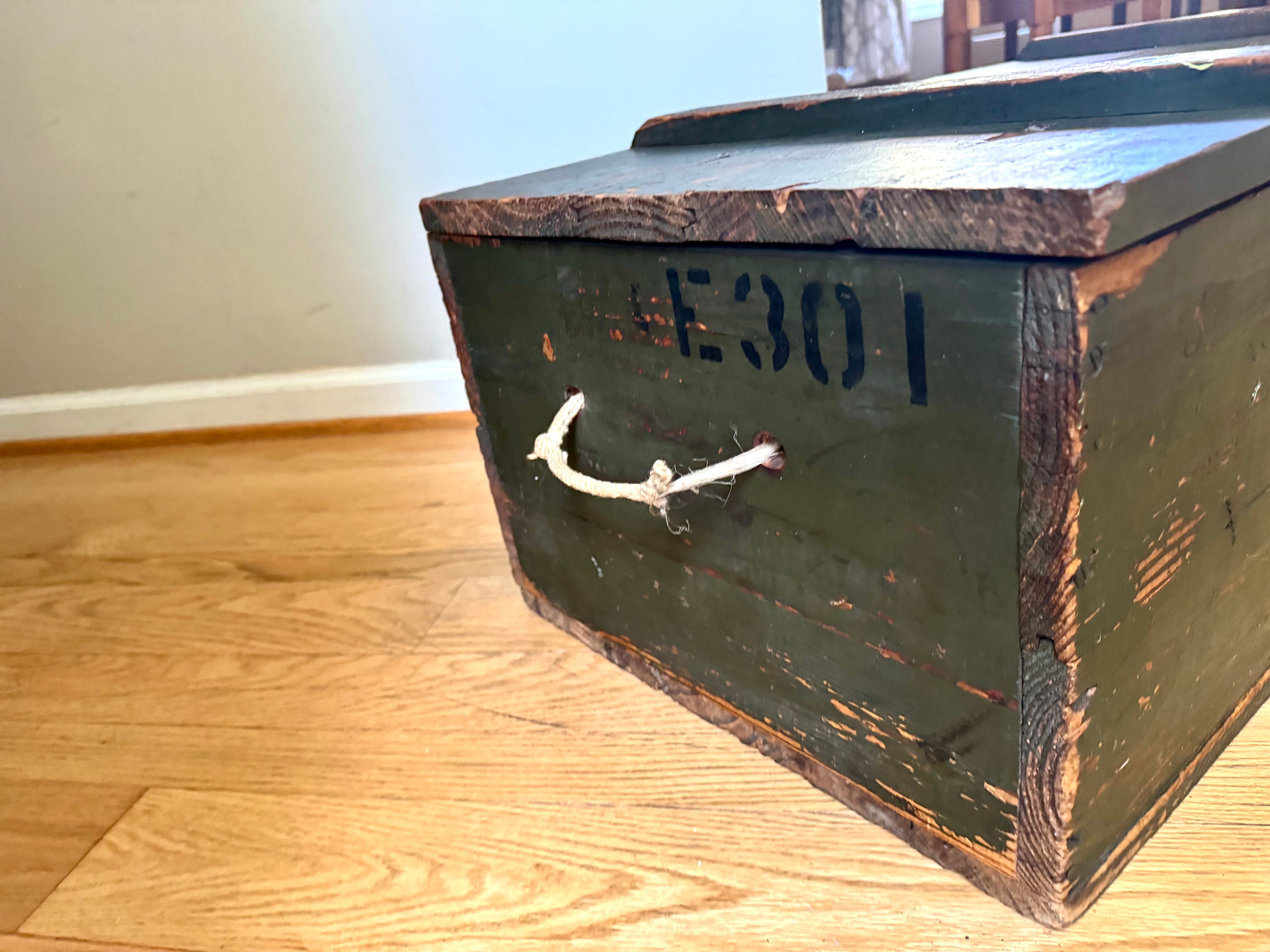 Vintage Wooden Military Footlocker / Rustic Green Storage Trunk