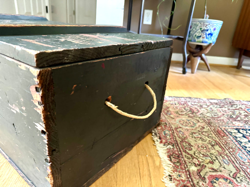 Vintage Wooden Military Footlocker / Rustic Green Storage Trunk